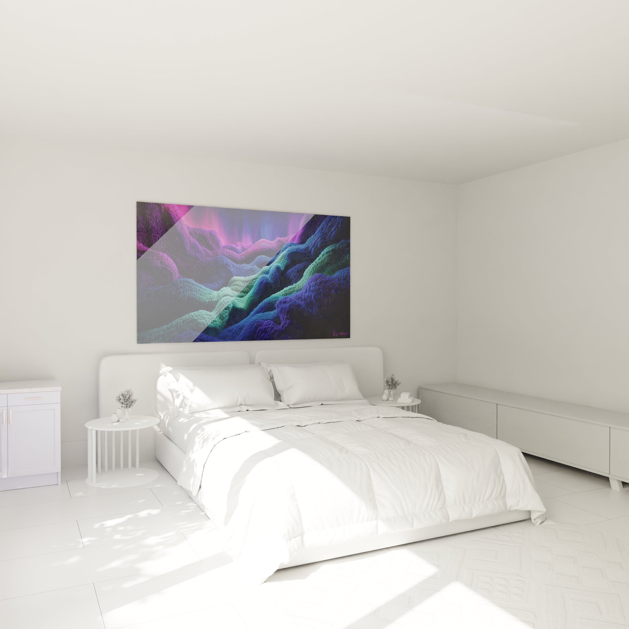 Un tableau abstrait représentant des ondulations colorées en relief, dominé par des dégradés de violet, bleu et turquoise, avec une texture fibreuse tressée créant un effet de profondeur et de mouvement, ressemblant à un paysage nocturne lumineux.
