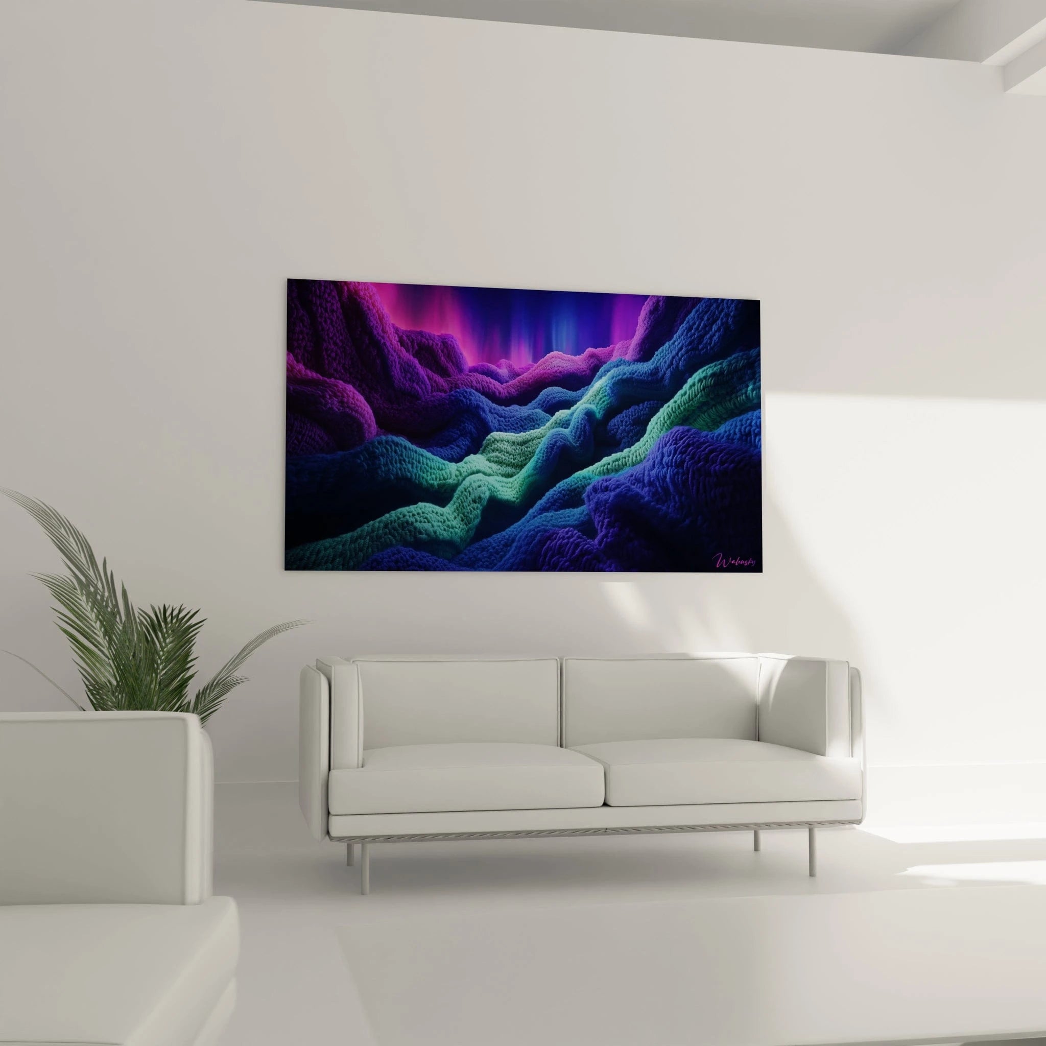 Un tableau texturé de vagues cosmiques où s'entrelacent des fibres colorées formant des reliefs ondulants, dans une palette de bleus électriques, violets profonds et turquoise lumineux, créant l'illusion d'un paysage extraterrestre en mouvement.
