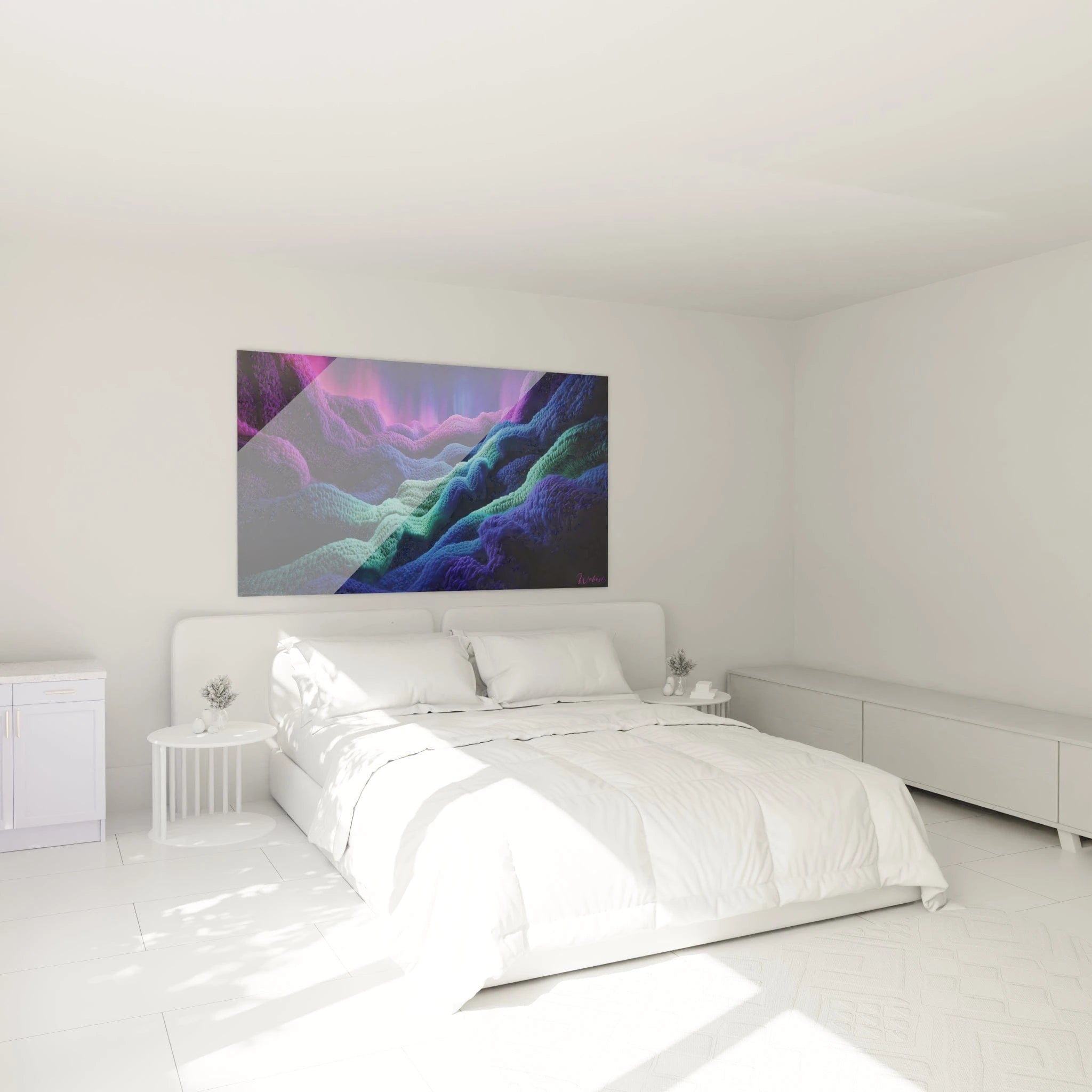 Un tableau abstrait représentant des ondulations colorées en relief, dominé par des dégradés de violet, bleu et turquoise, avec une texture fibreuse tressée créant un effet de profondeur et de mouvement, ressemblant à un paysage nocturne lumineux.
