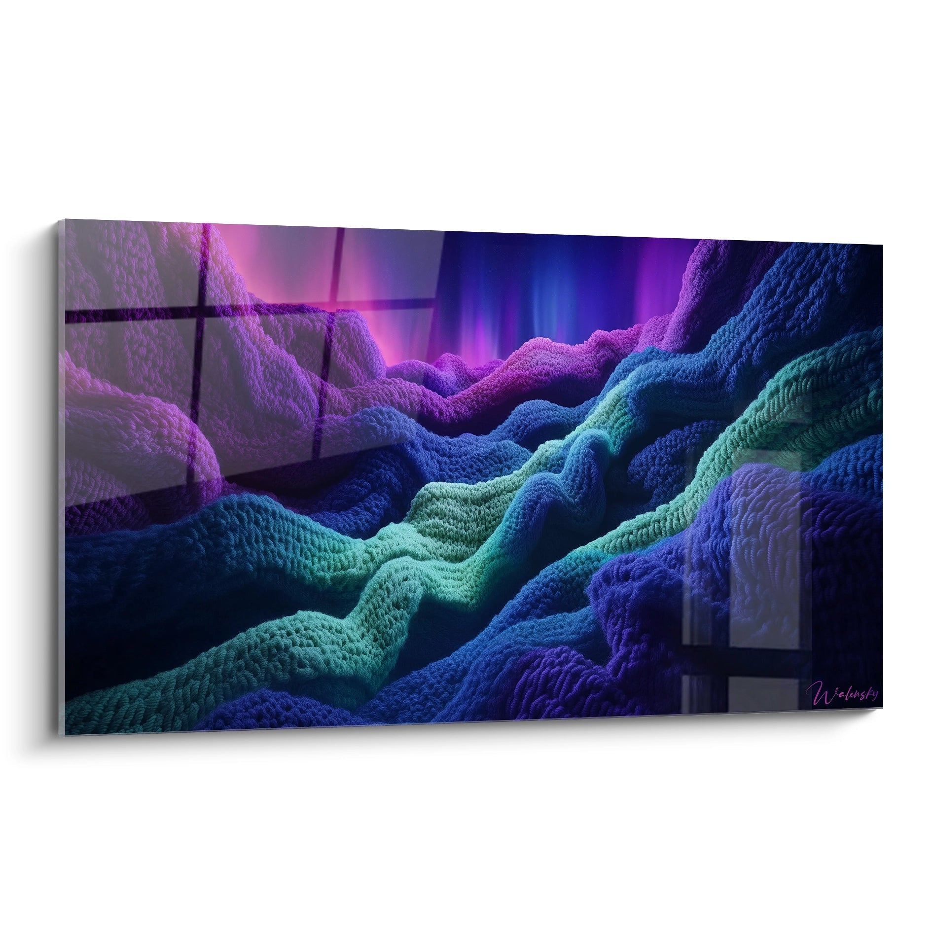 Un tableau artistique de vagues texturées aux teintes violettes, bleues et turquoise, créant un paysage ondulant tridimensionnel avec des reliefs profonds et des transitions chromatiques fluides évoquant une aurore boréale ou un horizon cosmique.
