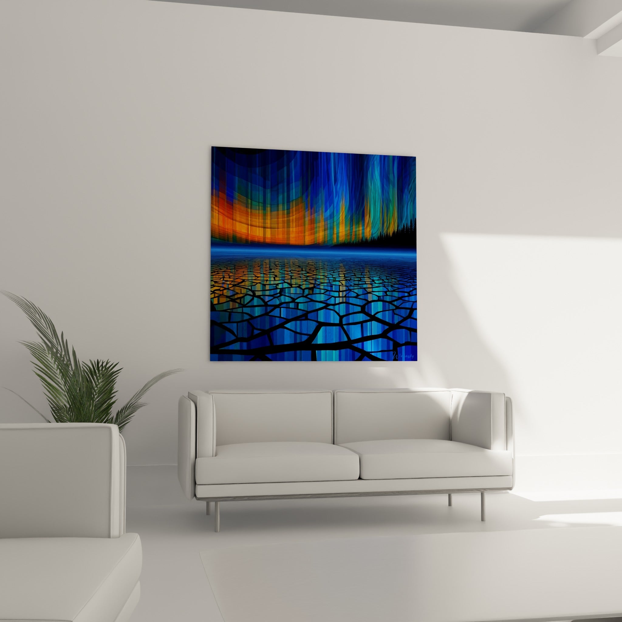 Reflets bleus et ocre de l'aurore boréale fracturée au-dessus d'un canapé dans un salon lumineux