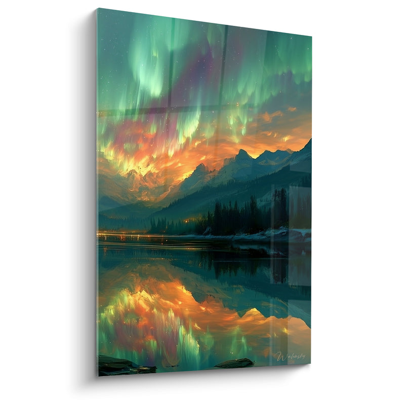 Gemälde Reflektierender See unter Smaragd- und Orangem Berg - Wald mit gefrorenen Kiefern - Edition Polarlicht