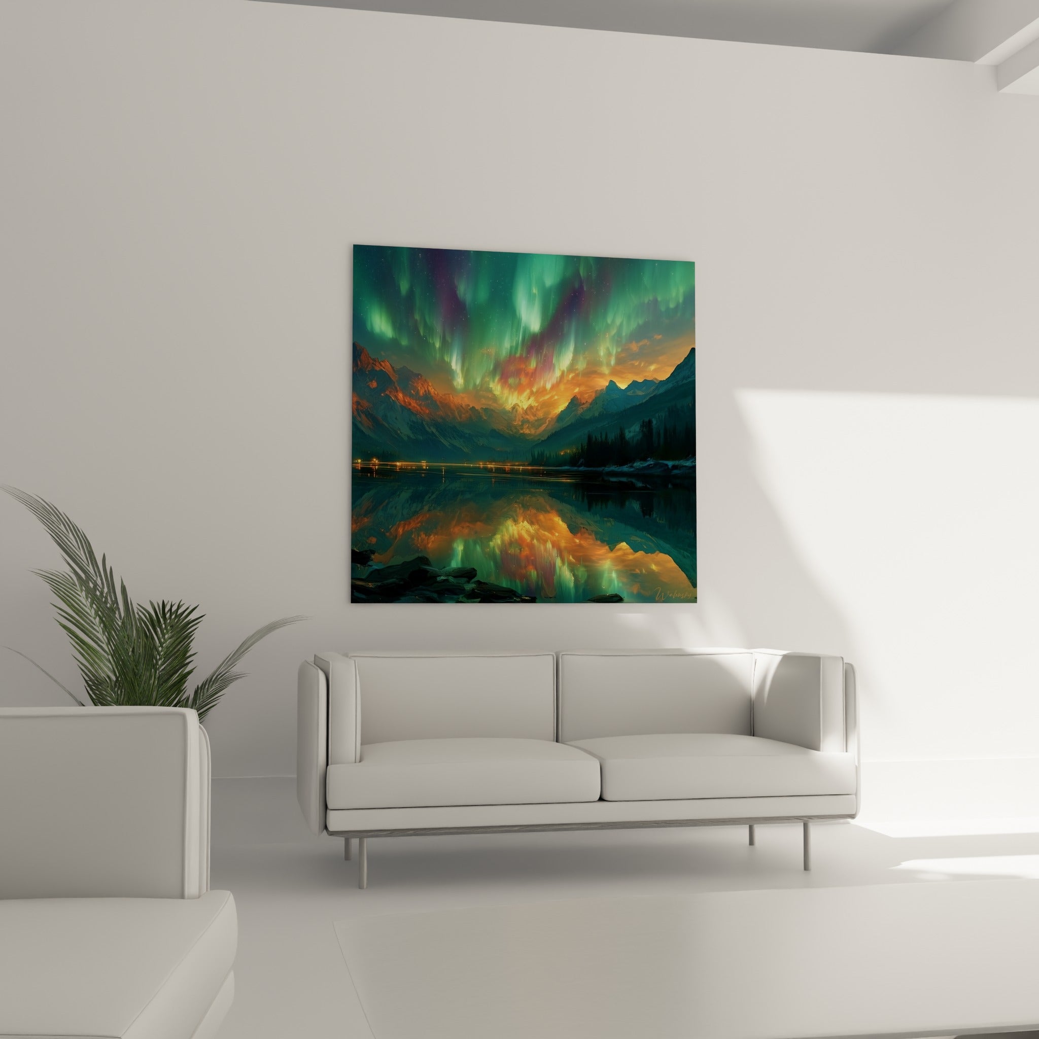 Ciel polaire vert et orange d'une aurore boréale au-dessus d'un canapé dans un salon lumineux