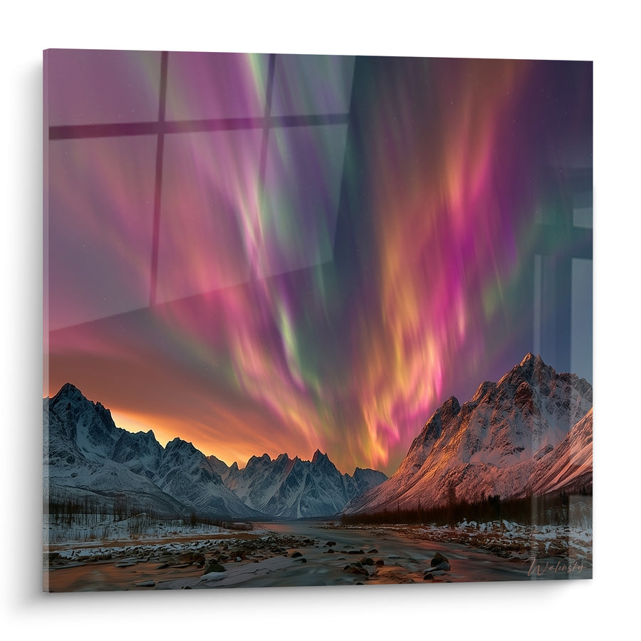 Gemälde Verschneite Berge mit rosafarbenen und violetten Segeln - Polarnacht - Edition Polarlicht