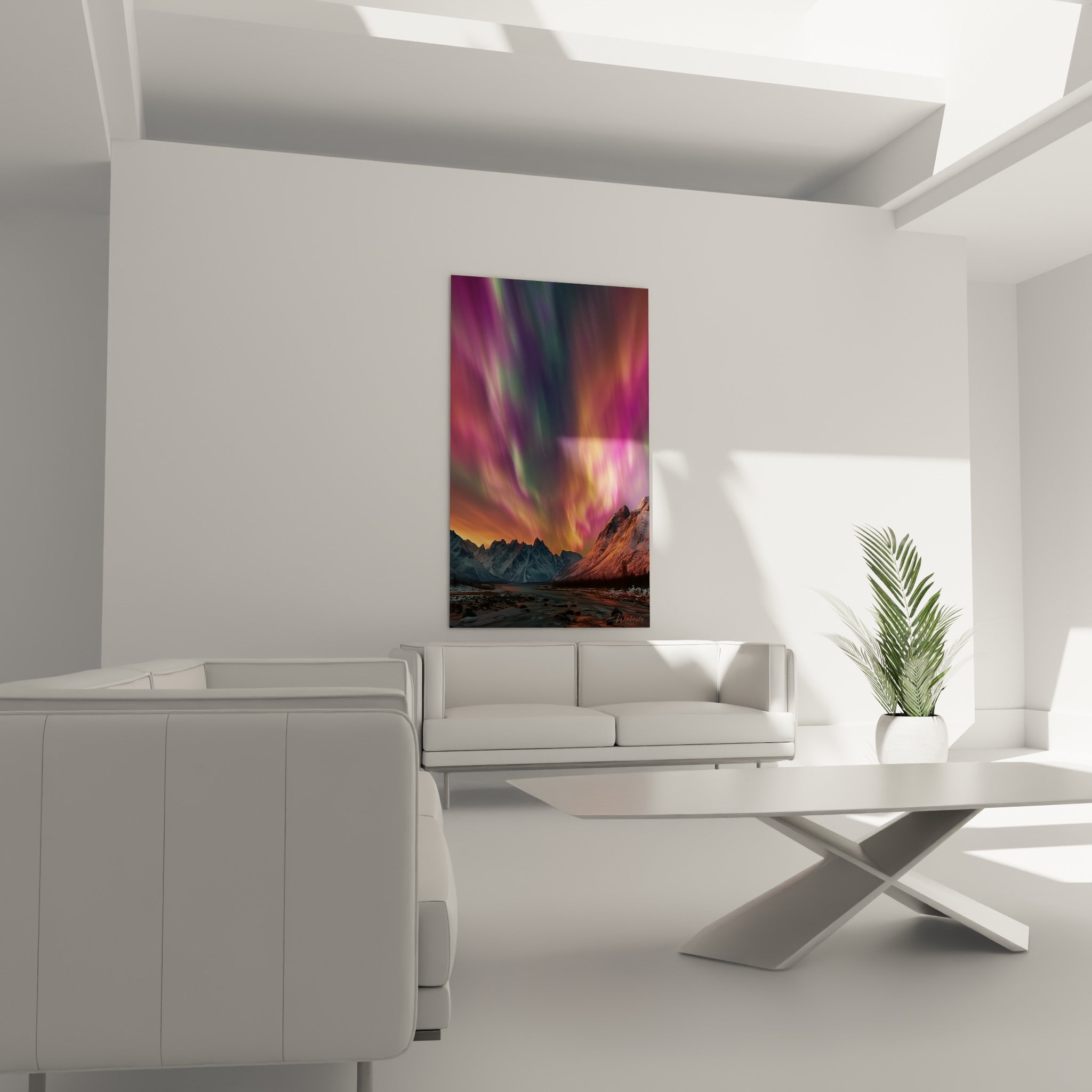Ciel polaire aux teintes vertes et roses au-dessus d'un canapé dans un salon lumineux