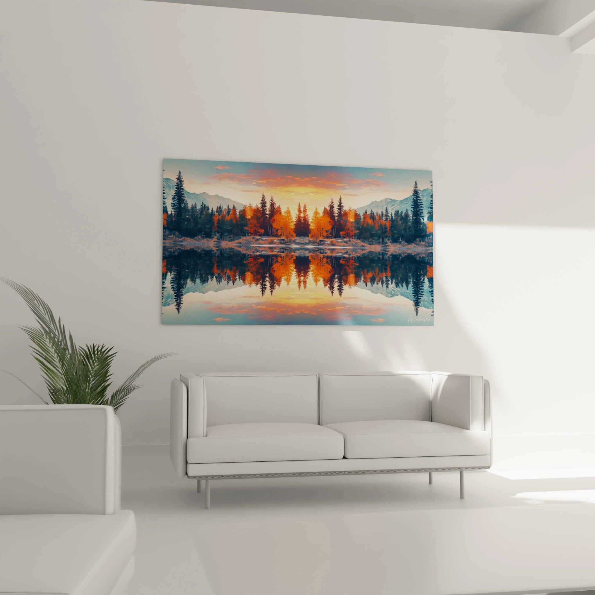 Un tableau forêt réfléchissante montrant un paysage de montagne divisé par une ligne d'horizon, avec des sapins et mélèzes flamboyants créant un effet miroir dans les eaux cristallines, illuminé par la lumière dorée de l'aube.
