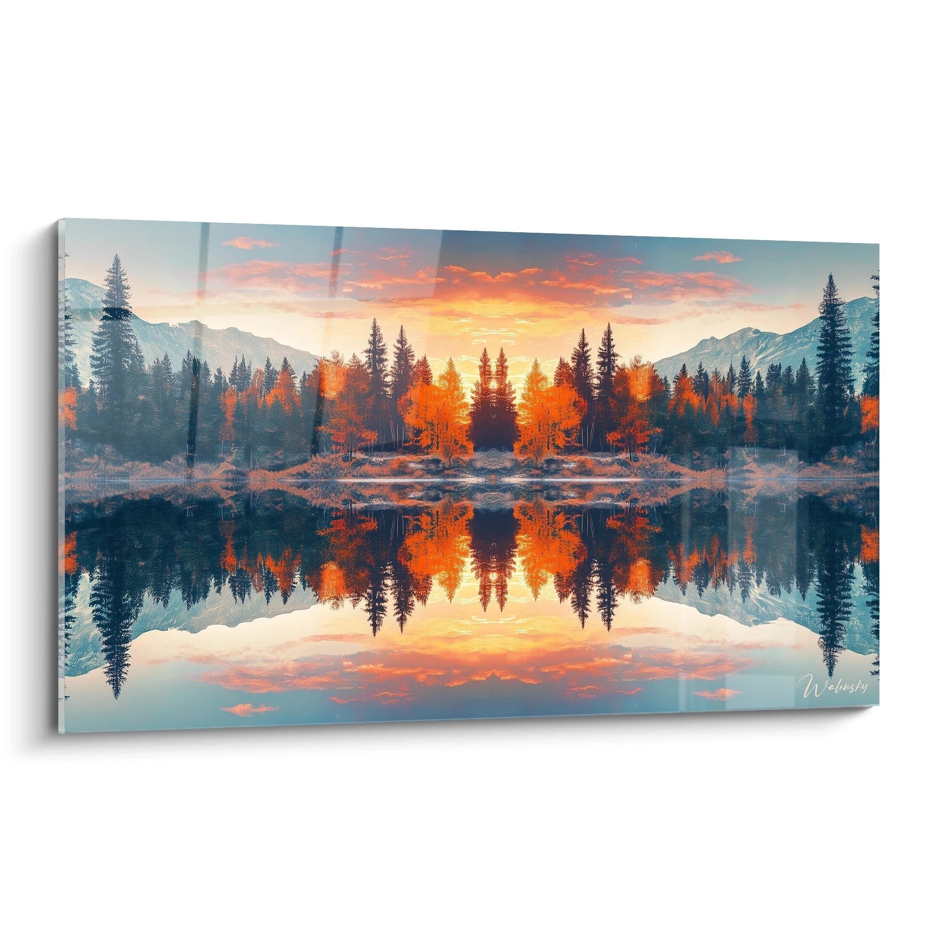 Un tableau forêt automnal présentant un lac parfaitement calme qui reflète les arbres orangés et les conifères verts, avec un ciel pastel au lever du soleil et des montagnes bleutées en arrière-plan.
