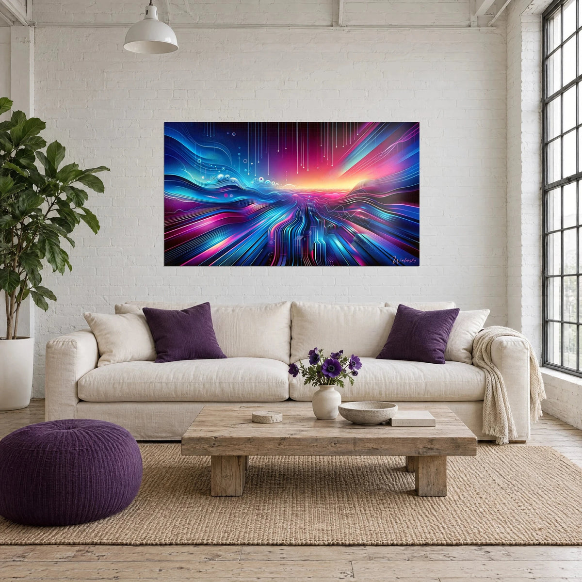 Tableau horizon néon aux courbes bleu électrique et magenta, ciel doré à l'aube, au-dessus d'un canapé dans un salon lumineux