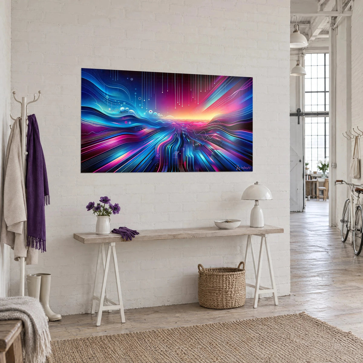 Tableau aurore numérique, bandes cyan et rose fuchsia convergeant vers un soleil orangé, sur mur blanc d'un loft d'artiste