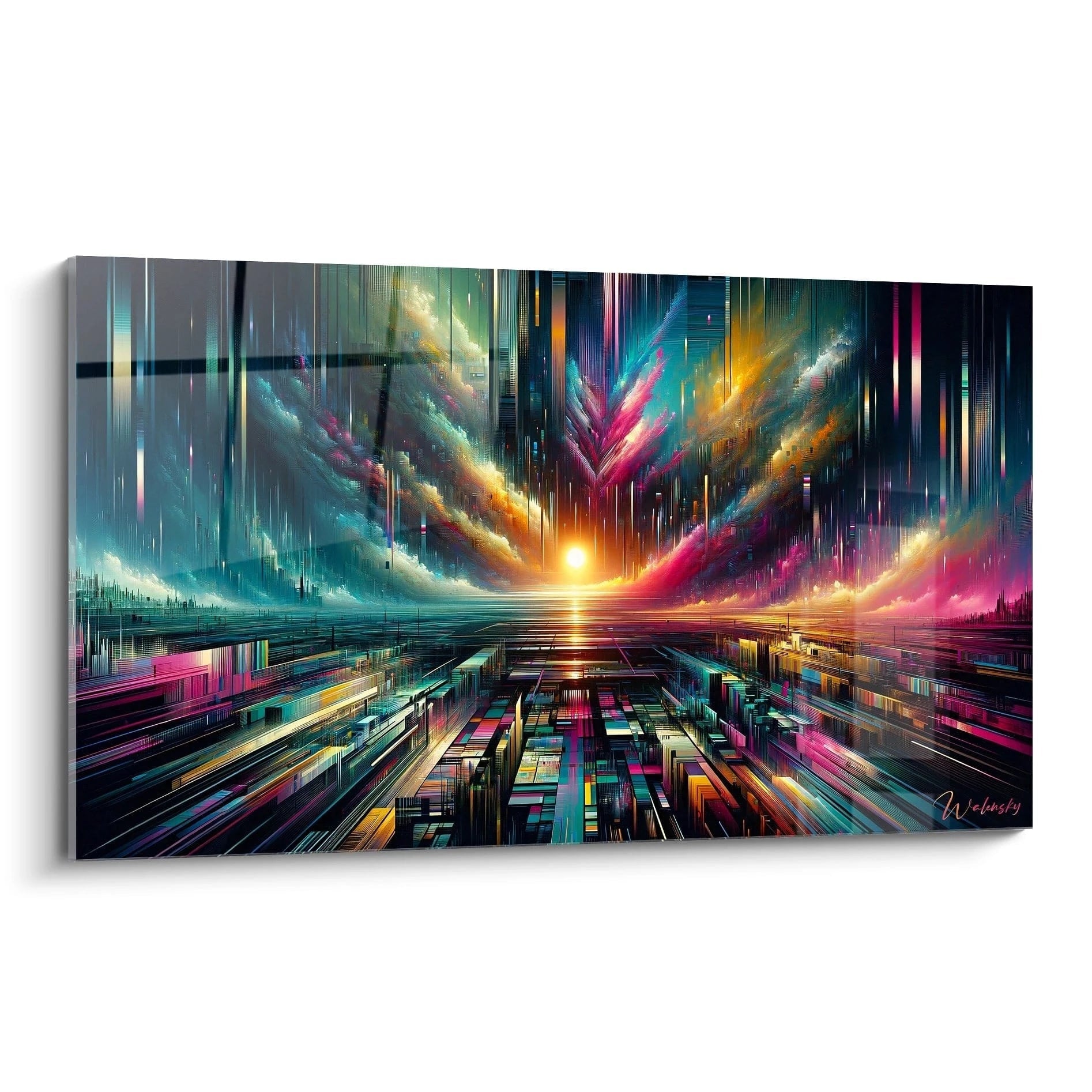 Tableau abstrait présentant un horizon lumineux avec point central brillant. Composition structurée par des lignes verticales et horizontales formant une grille perspective. Palette riche de turquoise, magenta, orange et bleu marine. Textures numériques combinant effets pixelisés et traînées lumineuses.
