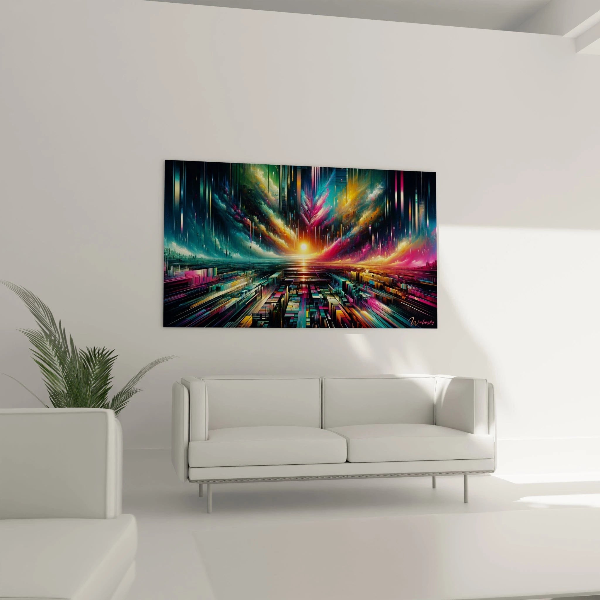 Tableau abstrait montrant une scène futuriste avec orbe lumineuse centrale. Spectre chromatique allant du cyan profond au rose vif avec accents dorés. Effets visuels de fragmentation et stries verticales créant une impression de profondeur. Composition symétrique avec point de fuite central.
