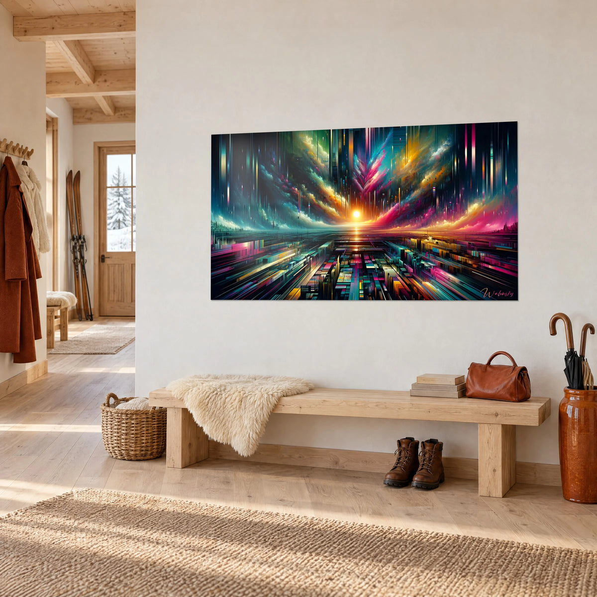 Tableau abstrait de cité pixélisée, colonnes noires, éclats magenta et ambre autour d'un astre doré, mur blanc de chalet