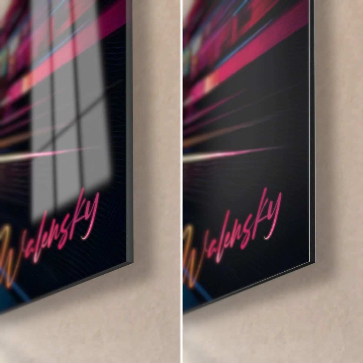 Tableau ciel glitché en coin bas droit, verre brillant aux reflets de fenêtre, Dibond noir mat et tranche fine de 3 mm