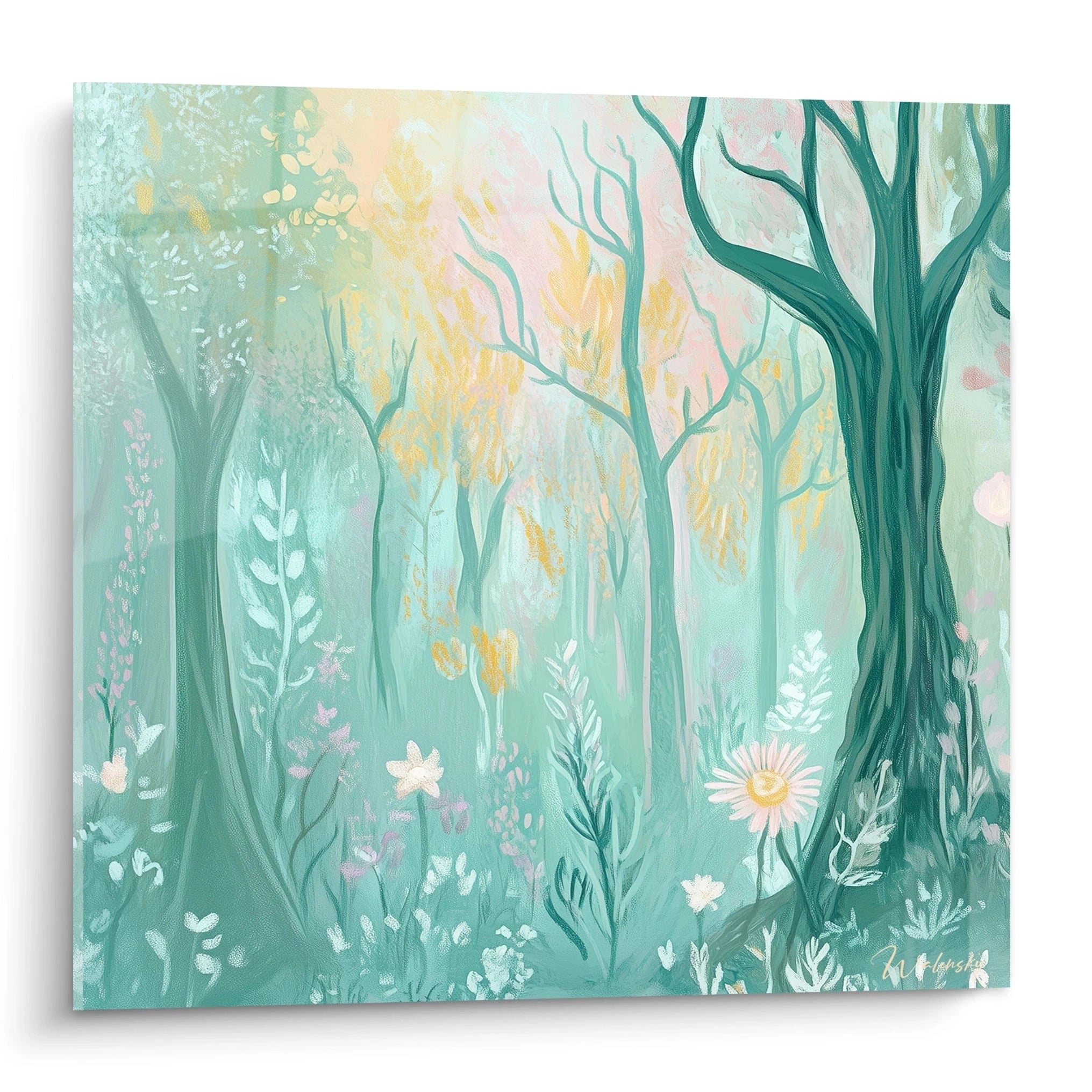 Un tableau forêt éthéré présentant des arbres aux troncs verts émeraude sur fond turquoise pastel. Des fleurs blanches et roses tapissent le sol, tandis que des touches dorées évoquent la lumière filtrant à travers le feuillage. Texture vaporeuse créant une atmosphère onirique.
