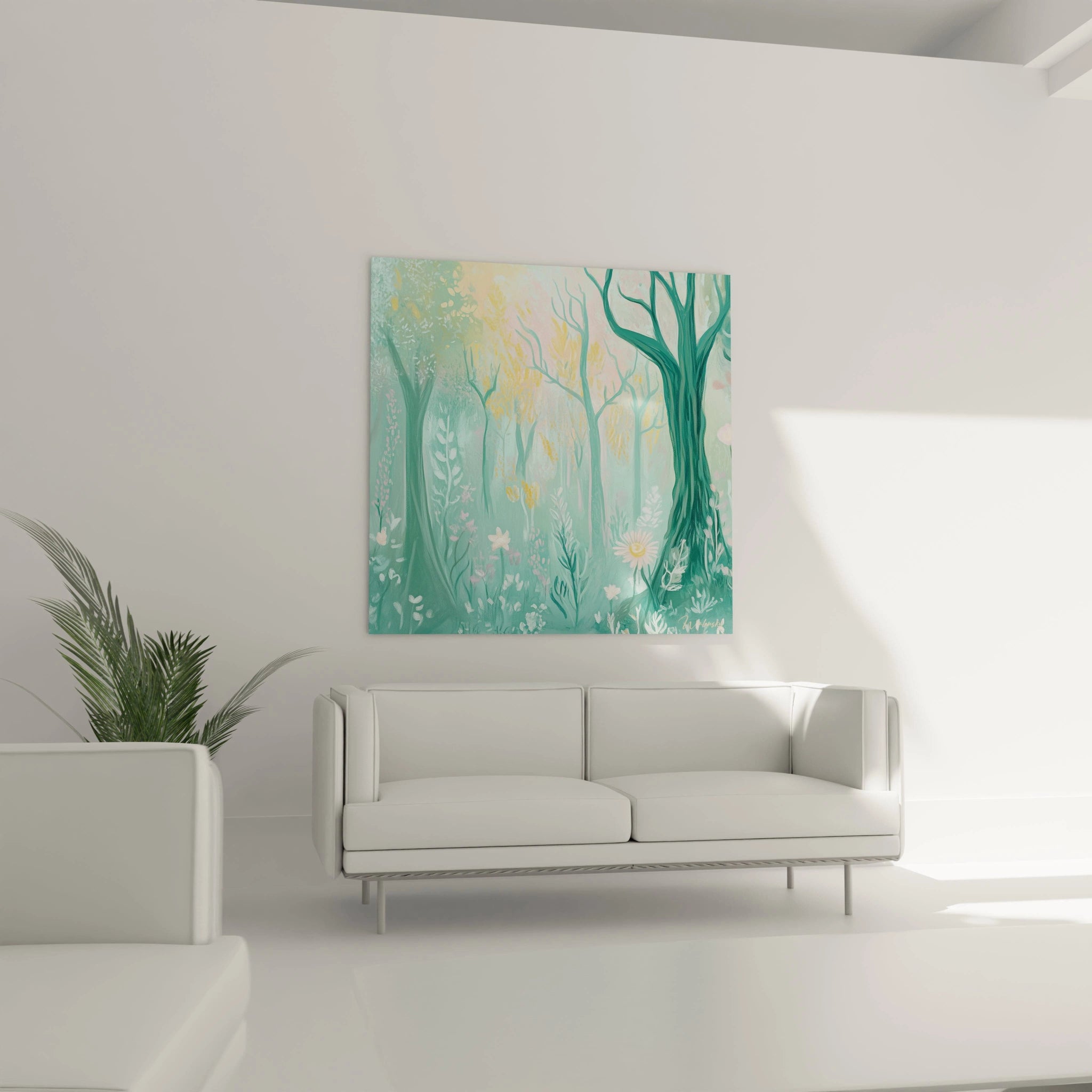 Un tableau forêt enchantée représentant un sous-bois baigné de lumière douce. Des troncs vert foncé s'élèvent sur un fond turquoise brumeux, ponctué de touches jaune doré et de fleurs blanches au premier plan. Les coups de pinceau créent une sensation de mouvement et de légèreté.
