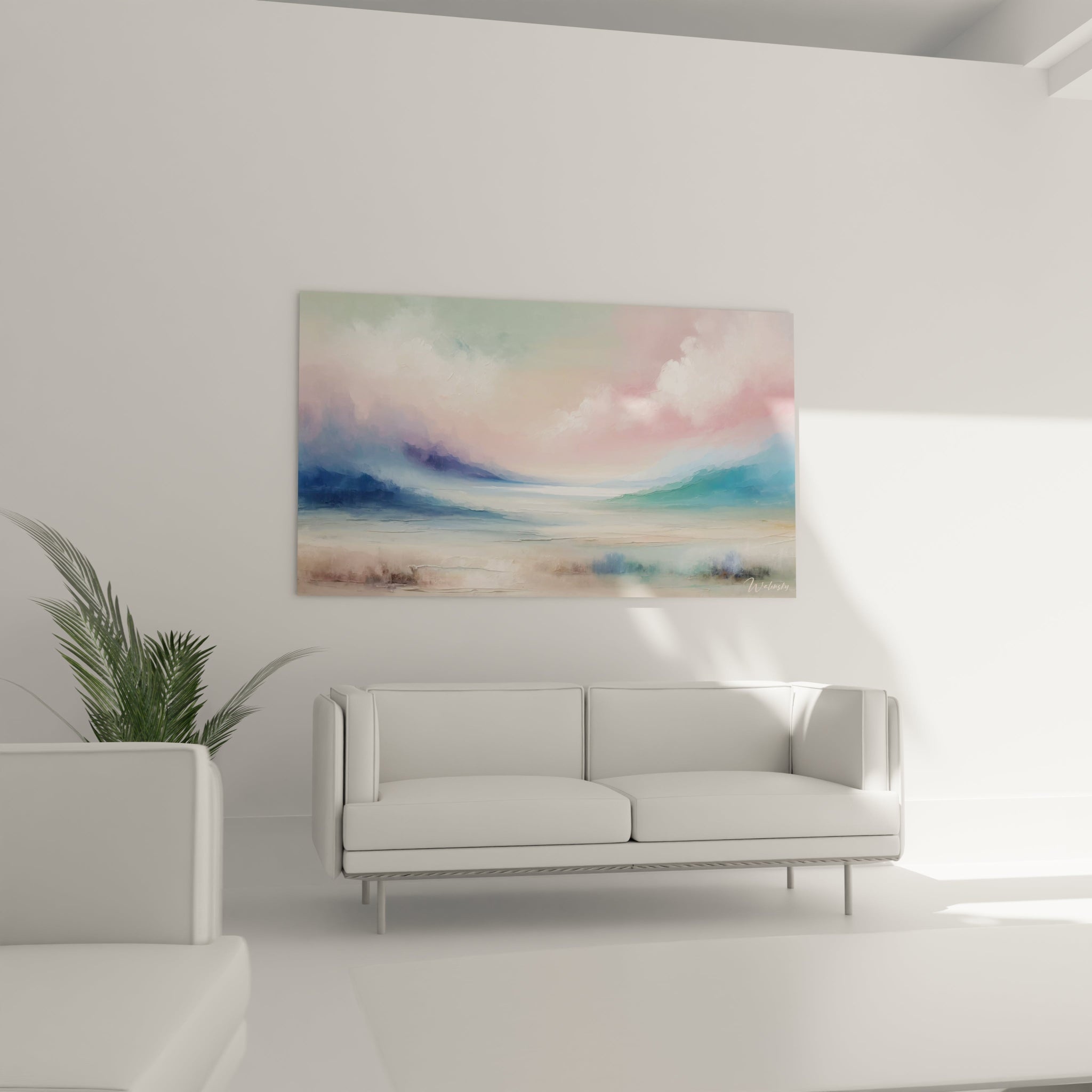 Un tableau abstrait d'horizon lacustre bordé de chaînes montagneuses aux teintes bleu indigo et vert tendre. Le ciel aux nuances roses et blanches se reflète dans l'eau aux textures ondulantes. Les couches de peinture translucides créent un effet de profondeur.
