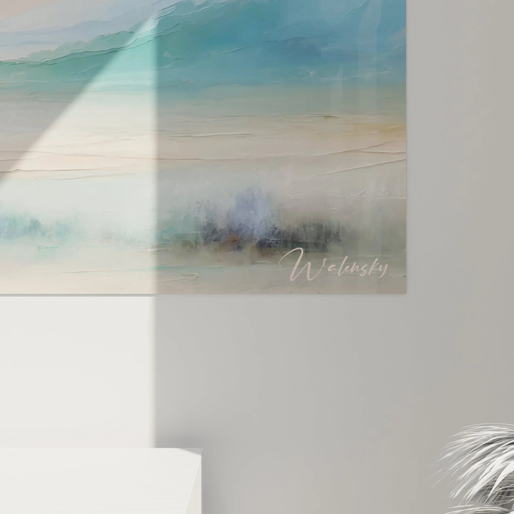Un tableau abstrait de vallée avec un plan d'eau central. Dominé par des dégradés de bleu-violet, vert-turquoise et rose pâle. Les textures empâtées au premier plan contrastent avec les touches aériennes du ciel, créant un effet de brume et de lumière diffuse.
