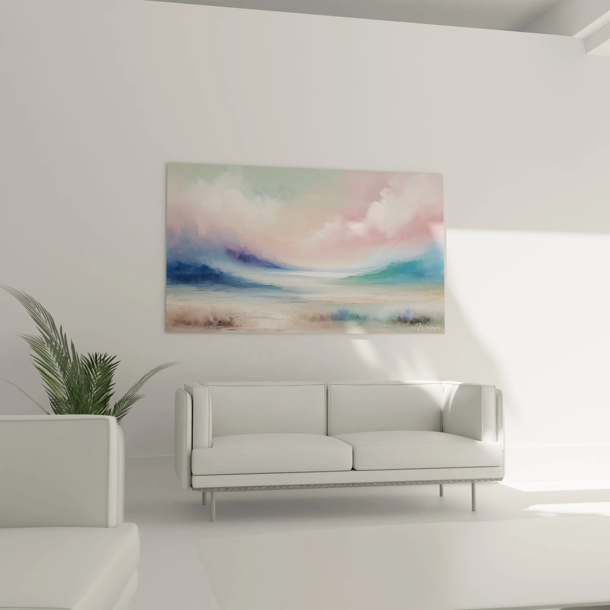 Un tableau abstrait d'horizon lacustre bordé de chaînes montagneuses aux teintes bleu indigo et vert tendre. Le ciel aux nuances roses et blanches se reflète dans l'eau aux textures ondulantes. Les couches de peinture translucides créent un effet de profondeur.
