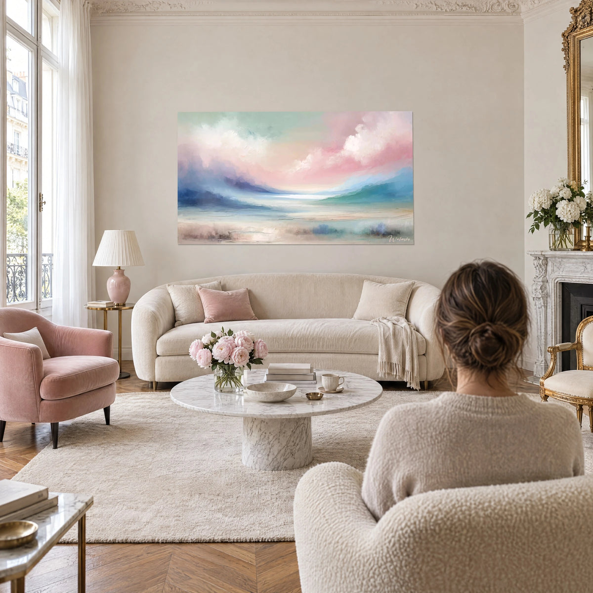 Cuadro paisaje abstracto de nubes rosa polvo sobre una laguna azul cielo, dos personas de espaldas, encima de un sofá en un salón luminoso