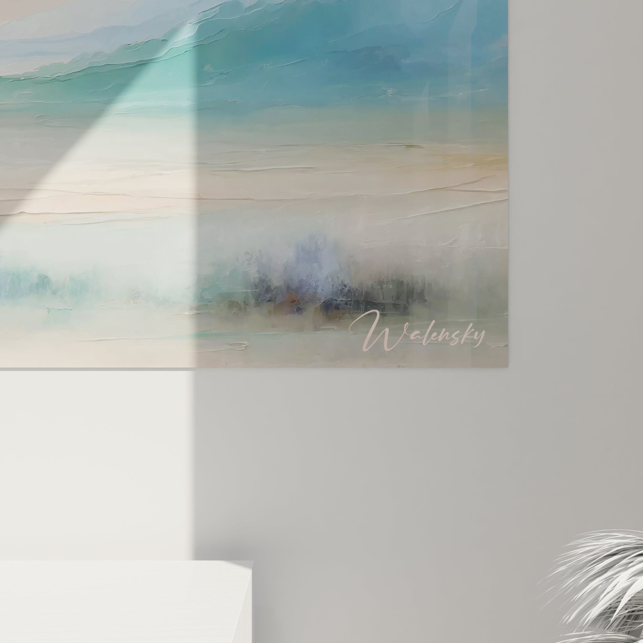 Un tableau abstrait de vallée avec un plan d'eau central. Dominé par des dégradés de bleu-violet, vert-turquoise et rose pâle. Les textures empâtées au premier plan contrastent avec les touches aériennes du ciel, créant un effet de brume et de lumière diffuse.
