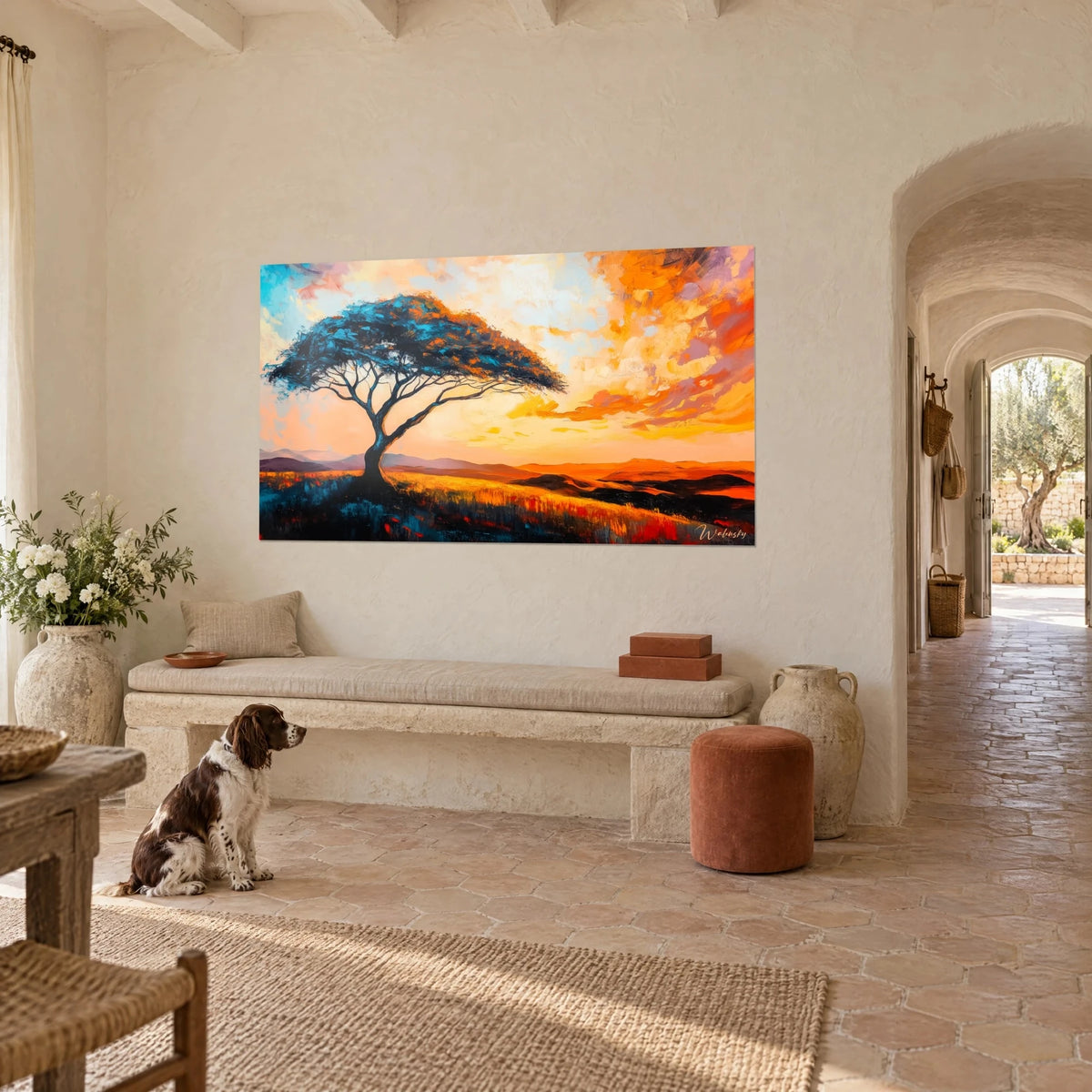 Tableau arbre de savane penché, feuillage bleu cyan et nuages ambre dorés, spaniel assis devant un banc d'un mas provençal