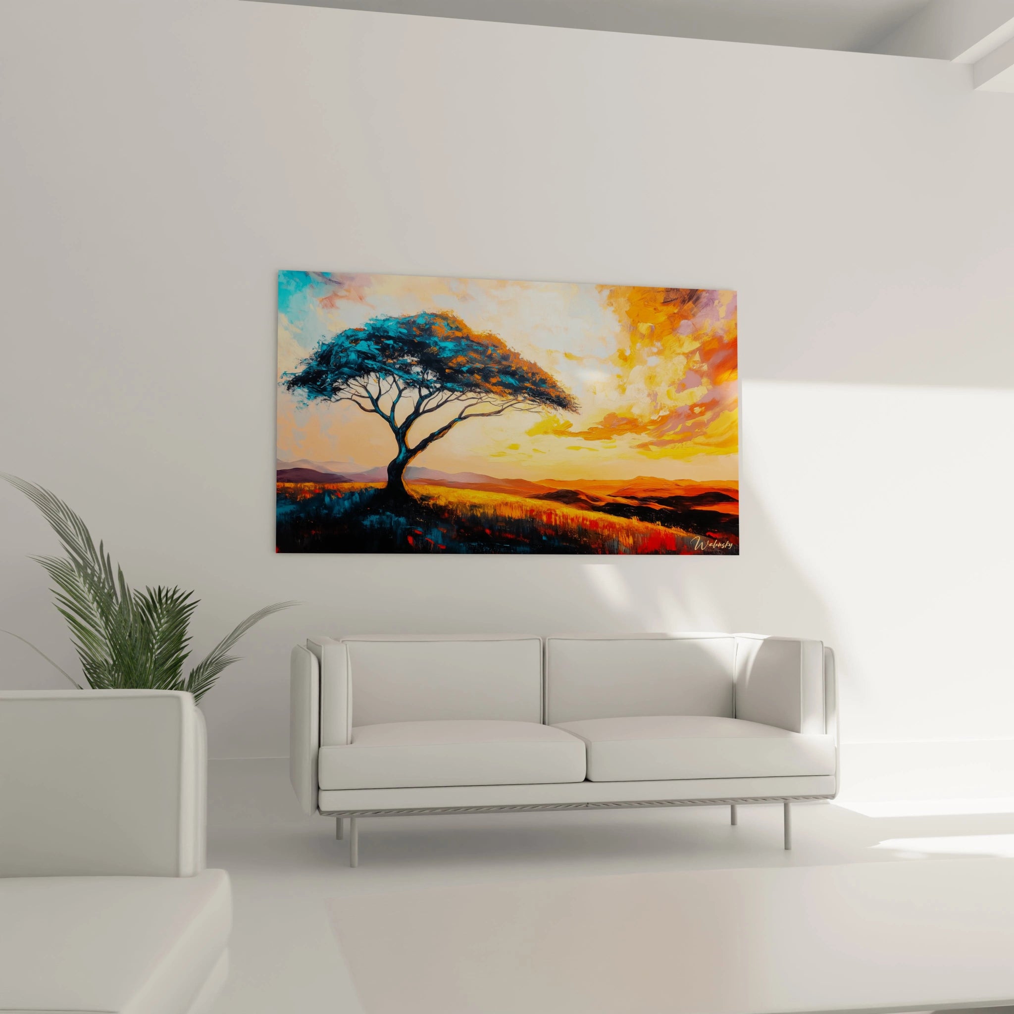 Un tableau savane coucher de soleil montrant un acacia emblématique aux branches étalées, peint en bleu profond et noir, contrastant avec l'arrière-plan lumineux de teintes orangées, jaunes et roses qui illuminent l'horizon et la prairie aux couleurs chaudes.
