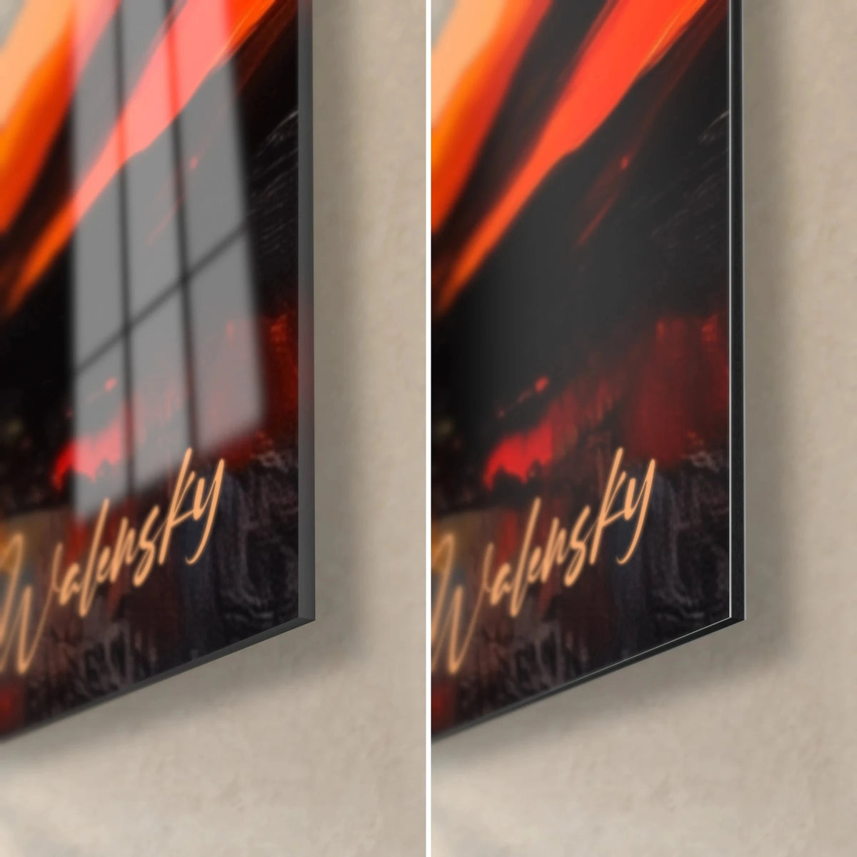 Tableau acacia en peinture à l'huile, signature Walensky orange sur fond noir, verre brillant à gauche, Dibond mat à droite