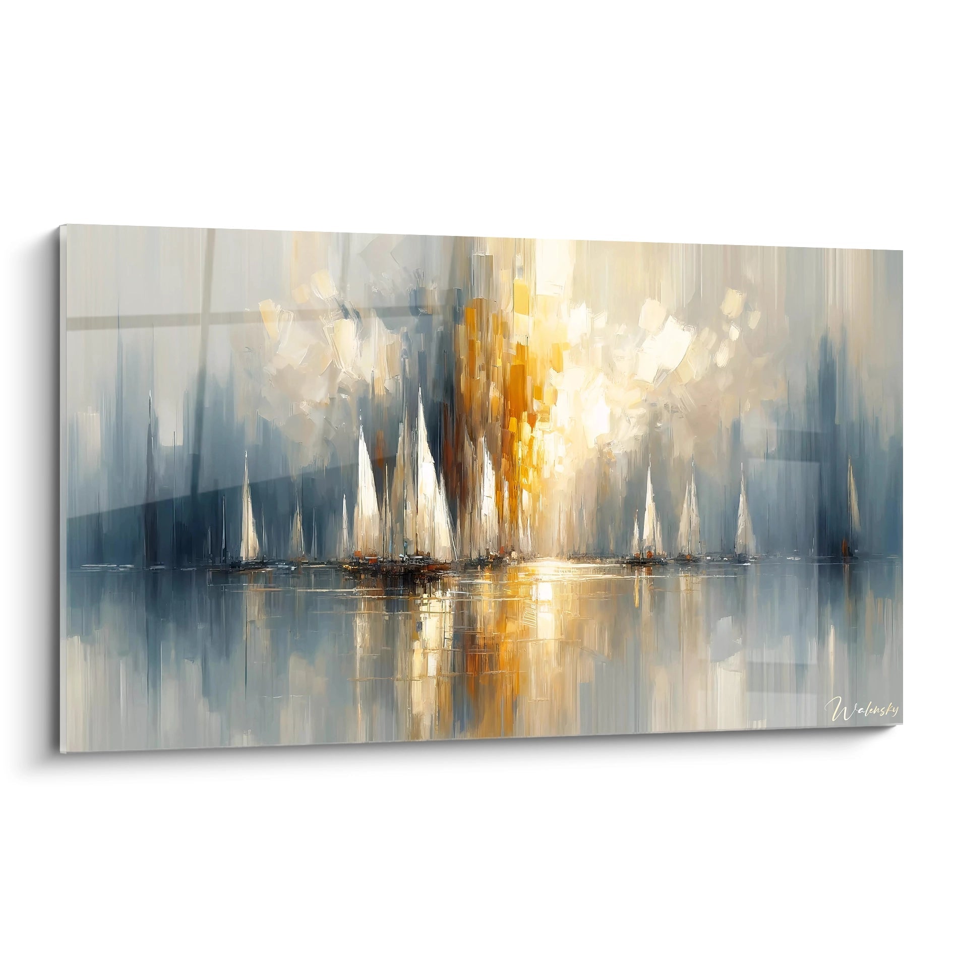 Un tableau abstrait de voiliers blancs alignés sur l'eau. Dominé par des teintes bleu-gris, ocre et blanc, avec un point lumineux doré au centre. Les coups de pinceau verticaux créent un effet de flou directionnel, avec des reflets nets sur la surface miroitante.
