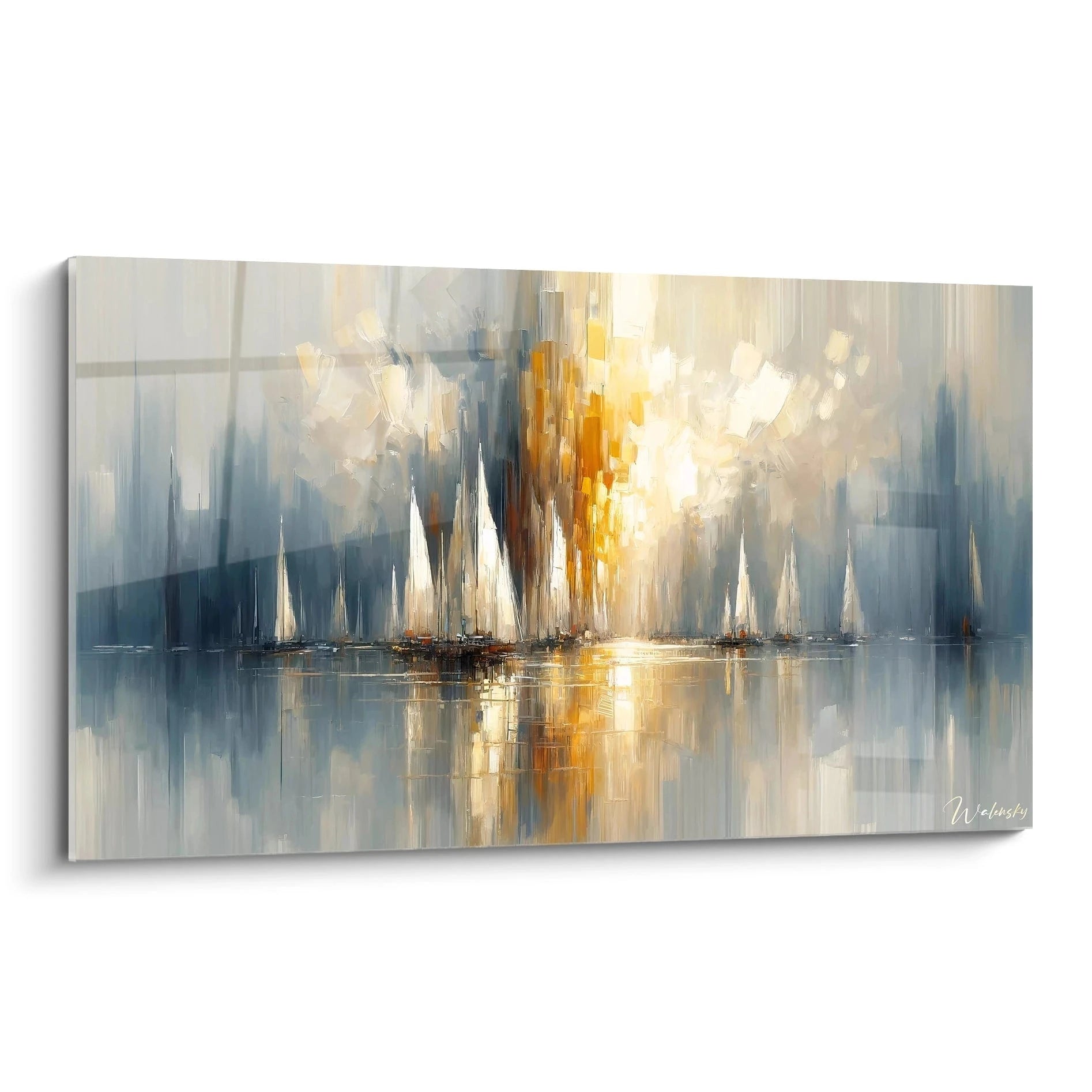 Un tableau abstrait de voiliers blancs alignés sur l'eau. Dominé par des teintes bleu-gris, ocre et blanc, avec un point lumineux doré au centre. Les coups de pinceau verticaux créent un effet de flou directionnel, avec des reflets nets sur la surface miroitante.
