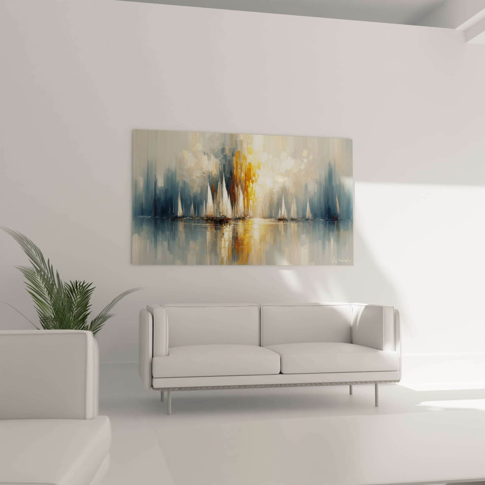 Un tableau abstrait portuaire montrant des silhouettes de bateaux à voiles blanches. Les couleurs principales sont bleu-gris, doré et crème, avec une lumière centrale éclatante. La technique combine traits verticaux estompés et touches horizontales pour suggérer le miroitement aquatique.
