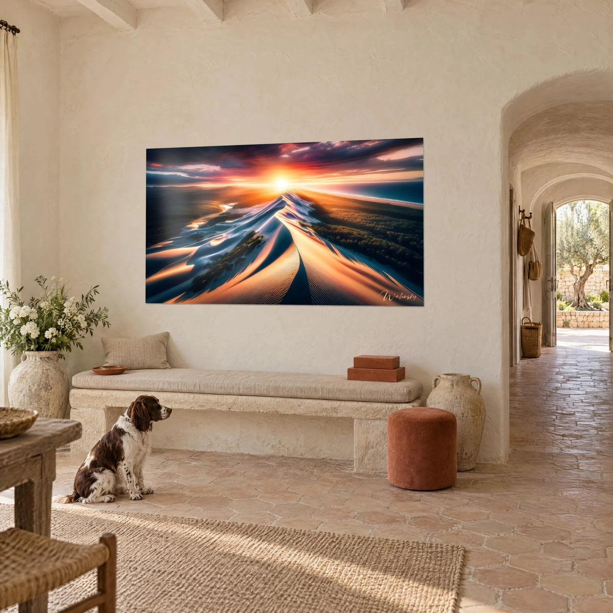 Quadro di una cresta sabbiosa dalle linee sinuose, cielo viola e oro, pineta scura a destra, spaniel seduto, masseria provenzale