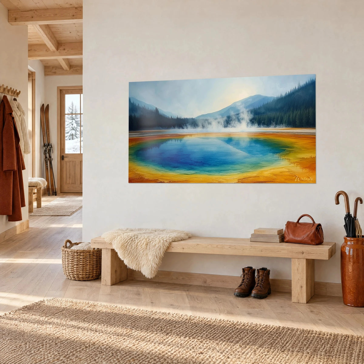 Wall art volcanic lake edged in ochre yellow and turquoise, mist on the ridge, three-quarter view in the entrance of a chalet
