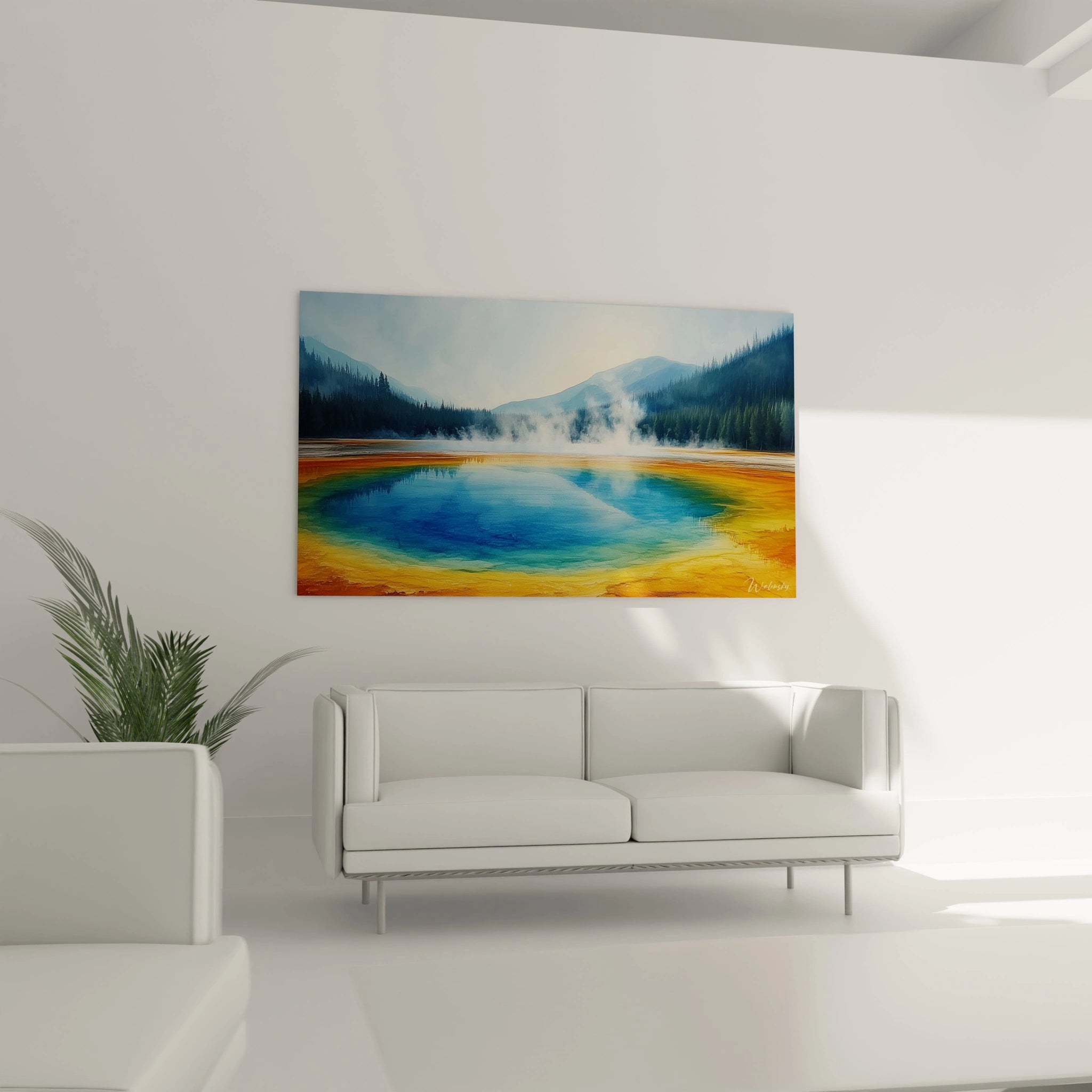 Un tableau paysage thermal présentant une formation circulaire aux eaux bleues transparentes entourées de dépôts minéraux orangés et dorés, encadrée de silhouettes verticales de conifères et surmontée de vapeurs blanches qui s'élèvent vers un ciel clair.
