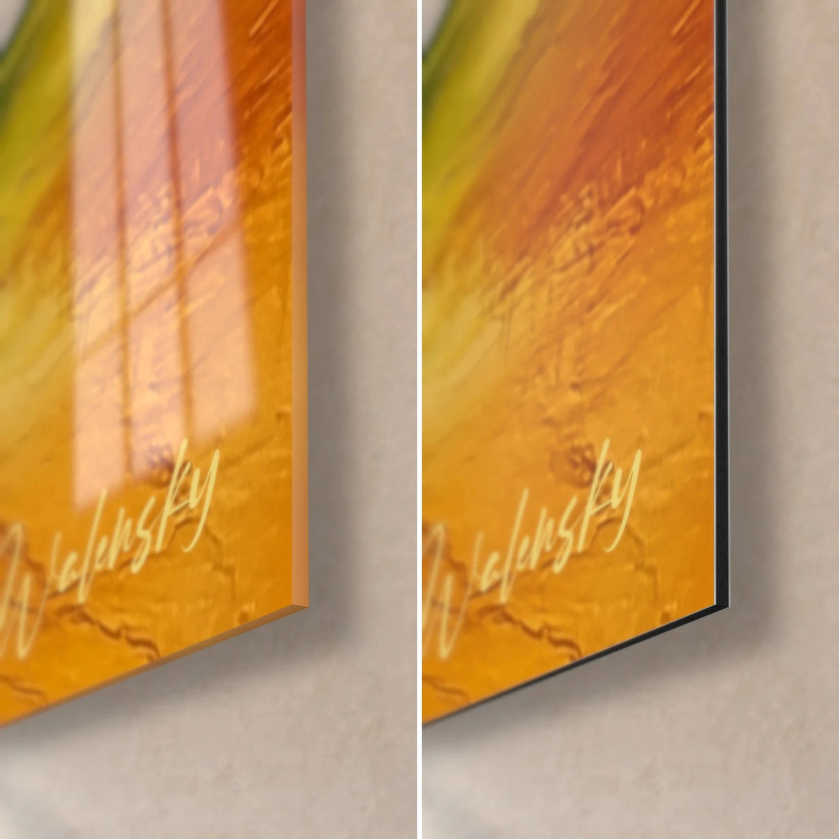 Wall art thermal pool with orange and saffron yellow streaks, bottom right corner, glossy acrylic glass on the left and matte Dibond on the right