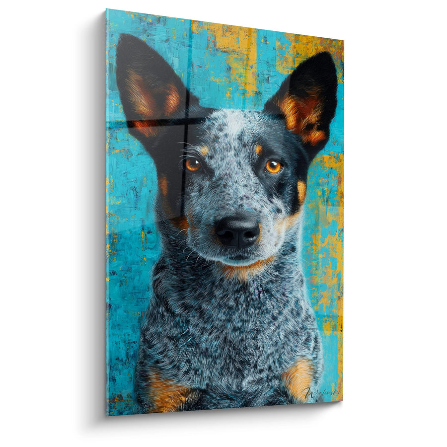 Tableau Chien Bleu Gris aux Yeux Ambrés sur Fond Turquoise Patiné - Regard Perçant - Edition Australian Cattle Dog