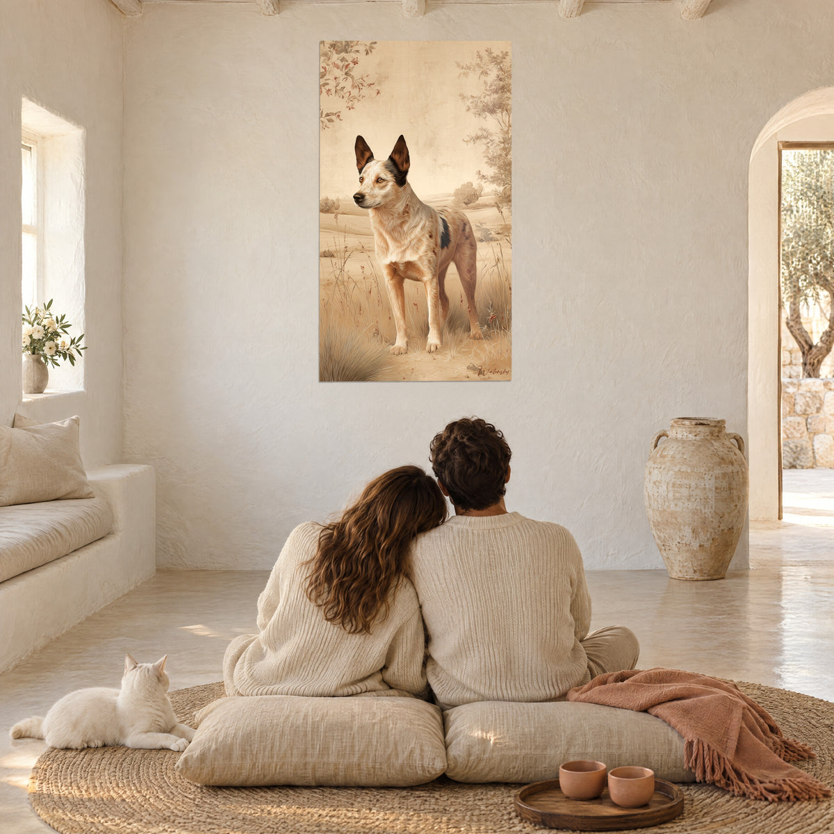 Wall art of a piebald dog with pointed ears, golden grass and pinkish tree, facing a couple seen from behind seated beside a cat, white house