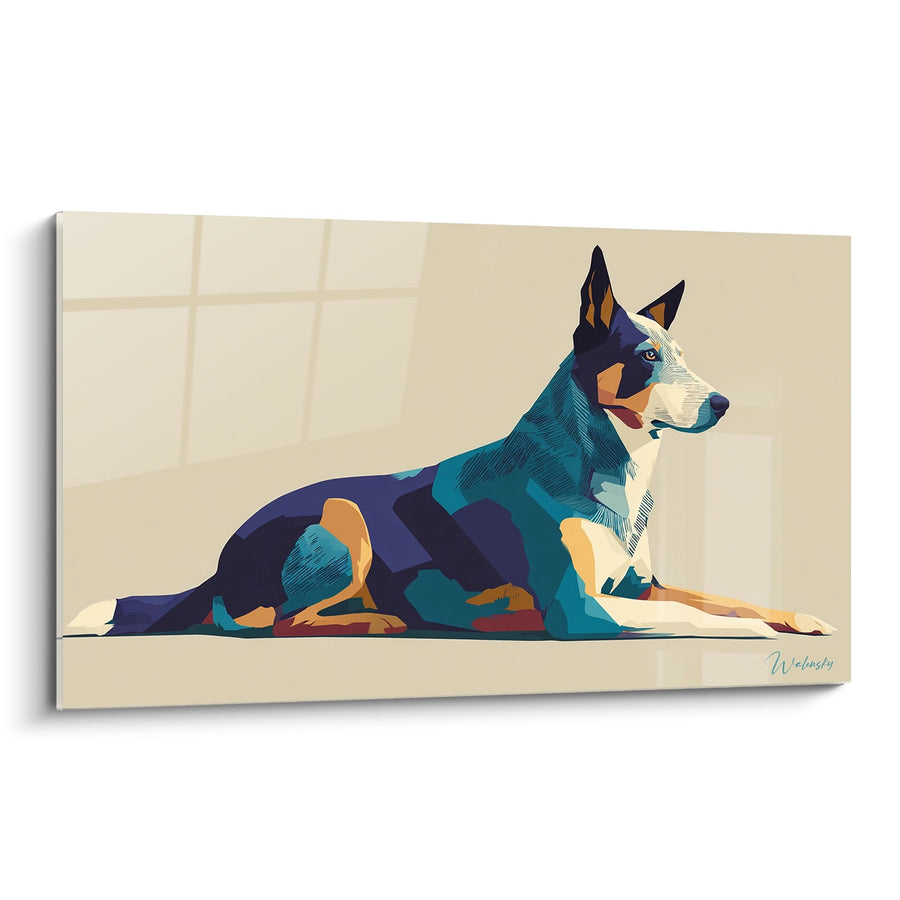Tableau Chien Couché aux Tons Bleus et Oranges - Portrait Géométrique - Edition Australian Cattle Dog