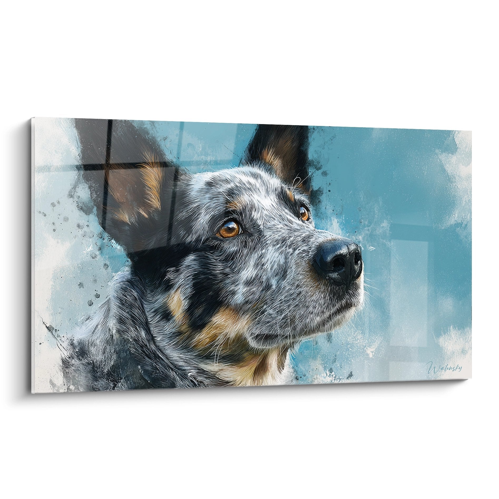 Tableau portrait Australian Cattle Dog gris et fauve regard intense fond bleu artistique