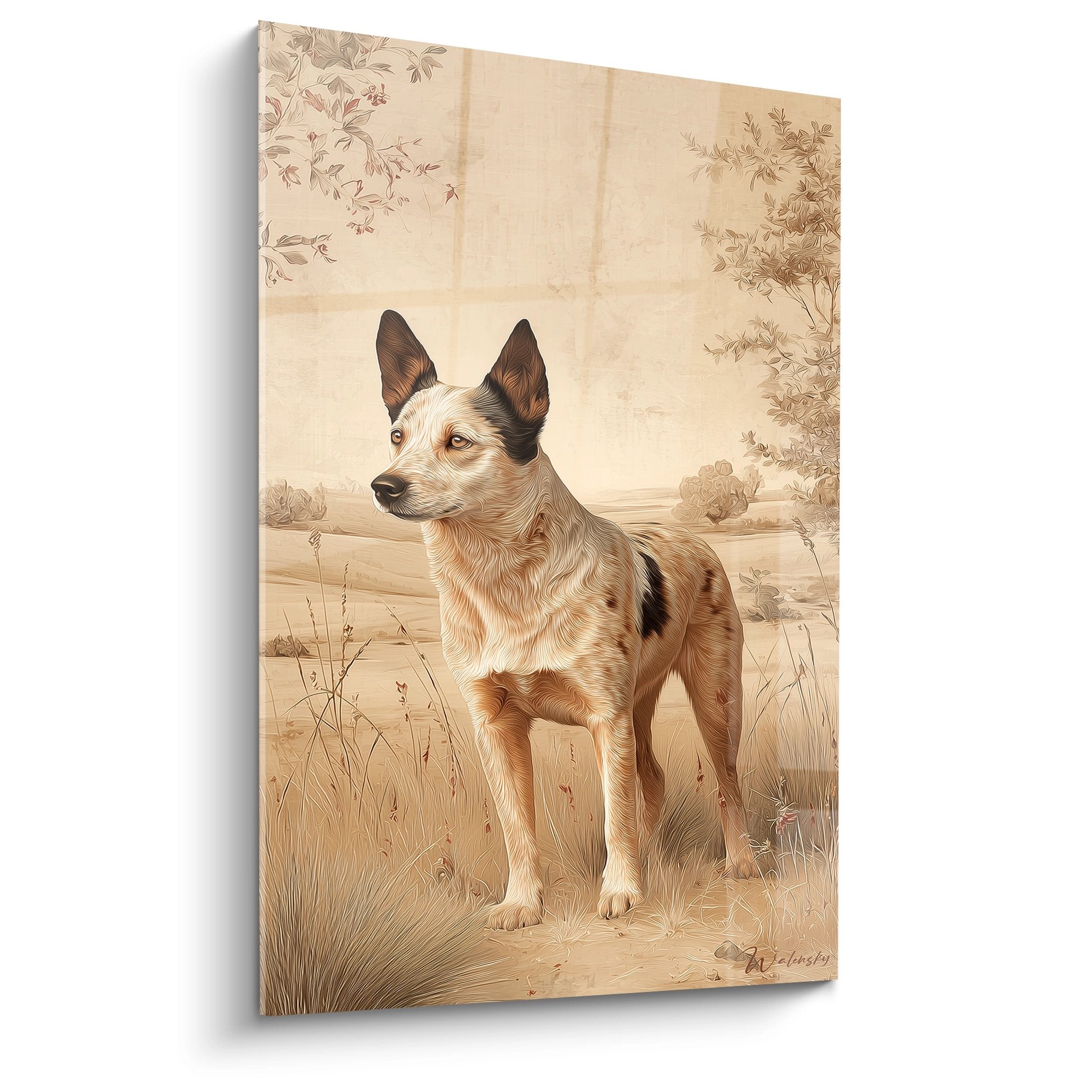 Tableau portrait Australian Cattle Dog oreilles dressees dans prairie doree tons beiges pastoraux