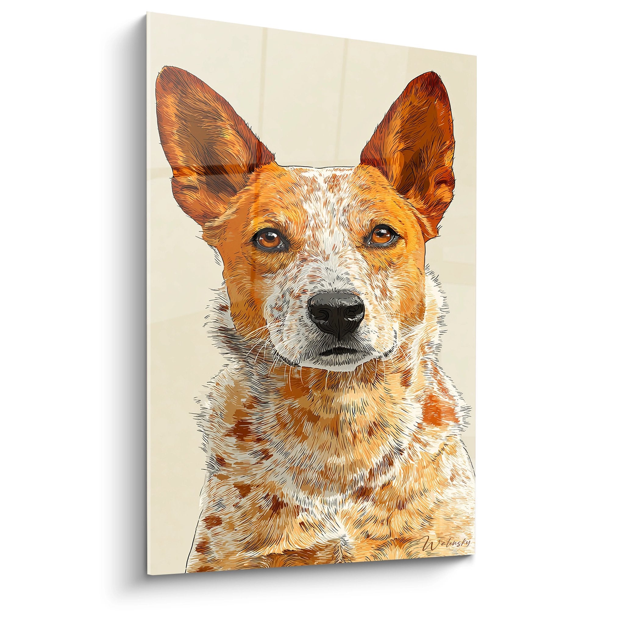 Portrait Australian Cattle Dog roux et blanc aux yeux ambrés - Tableau chien artistique sur fond beige neutre
