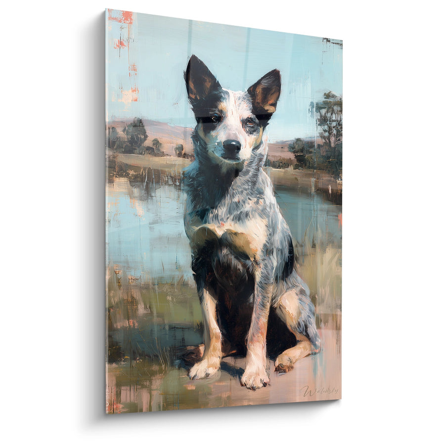 Tableau Chien Tricolore Assis dans Paysage Champêtre - Portrait Rural - Edition Australian Cattle Dog