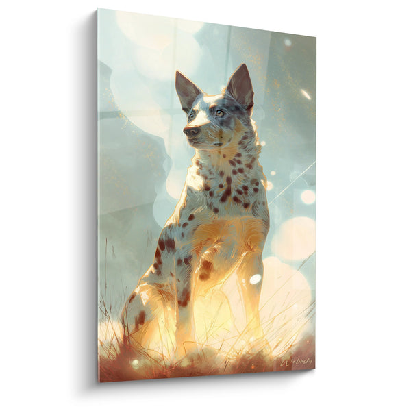 Gemälde Getüpfelter Hund mit Goldreflexen in leuchtender Wiese - Ewiges Licht - Australian Cattle Dog Edition