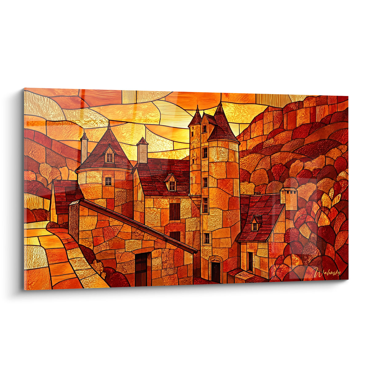 Tableau château d'Autoire aux tourelles ocre et rouge terracotta, effet vitrail lumineux sur fond doré
