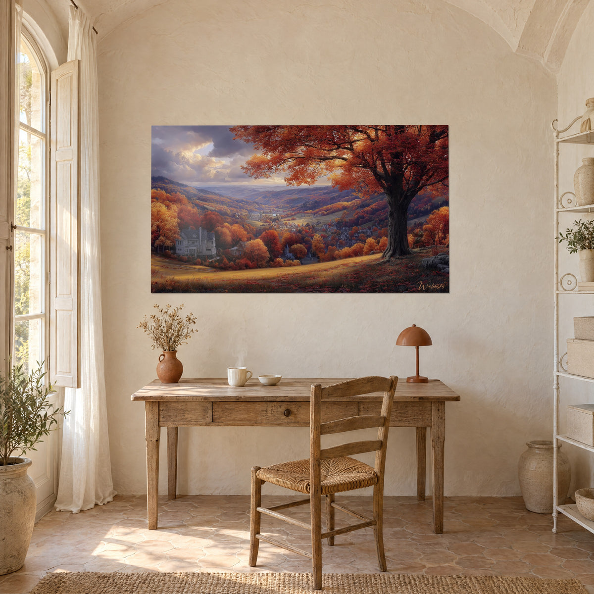 Gemälde Panorama der Laubzeit, Kupfer-, Bernstein- und Malvenverläufe, wolkenverhangener Himmel, über einem Holzschreibtisch in einem Landhaus