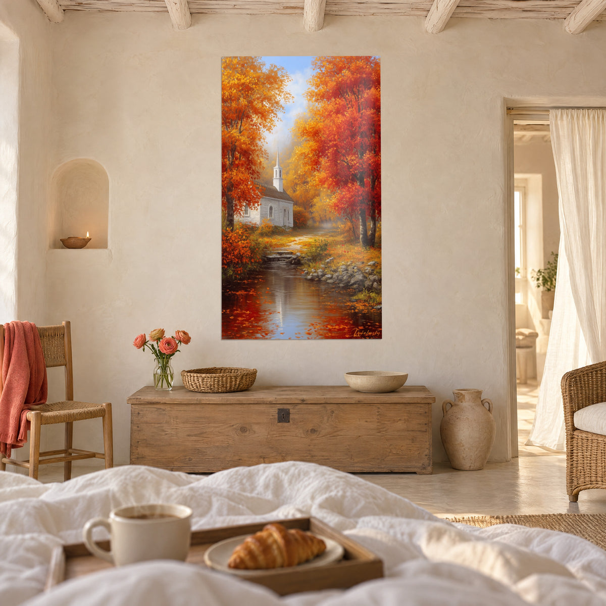 Wall art village sanctuary nestled among orange and yellow trees, reflection in the water, above a bed in a light bedroom
