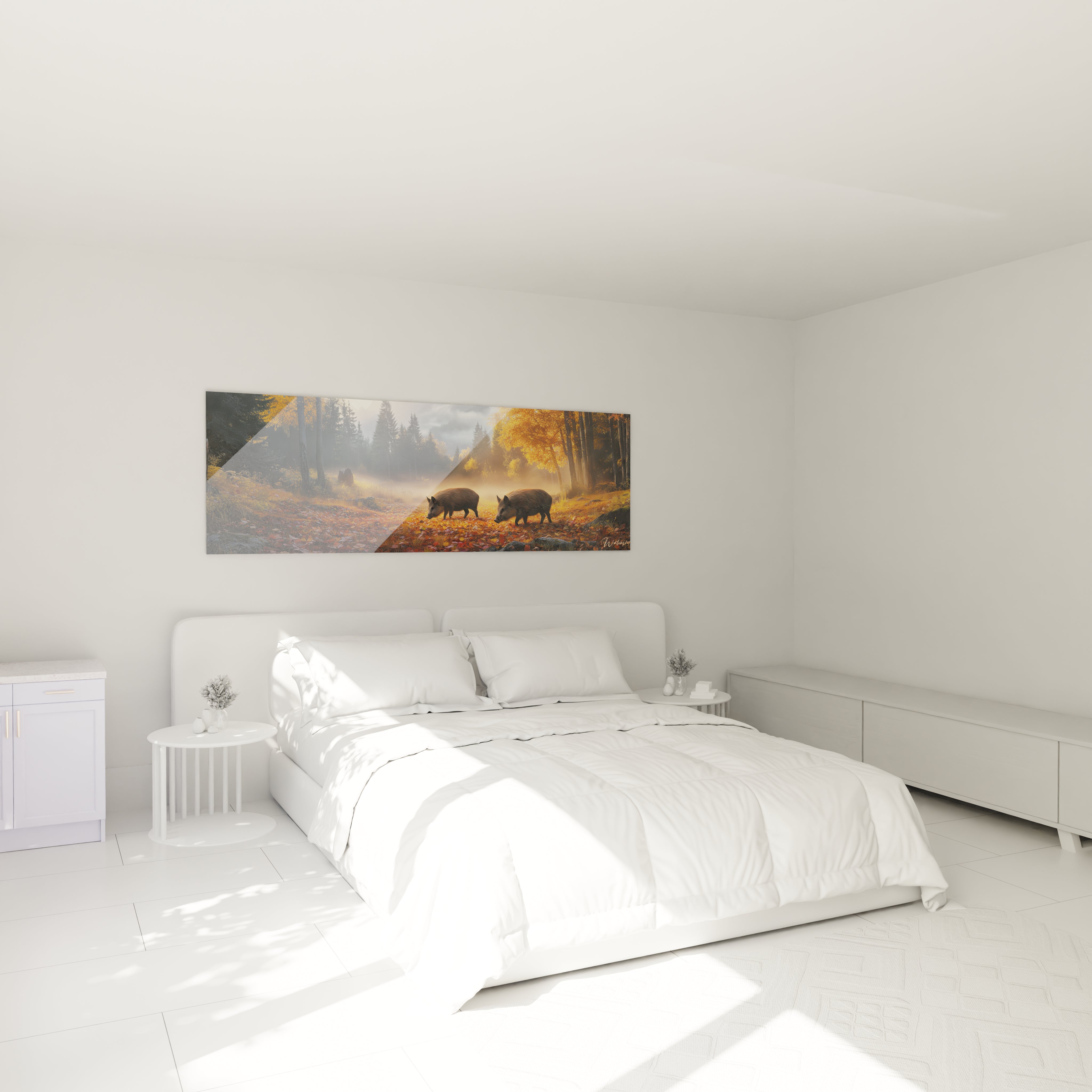 Tableau sanglier Walensky décor mural représentant deux sangliers dans une forêt automnale pour chambre moderne