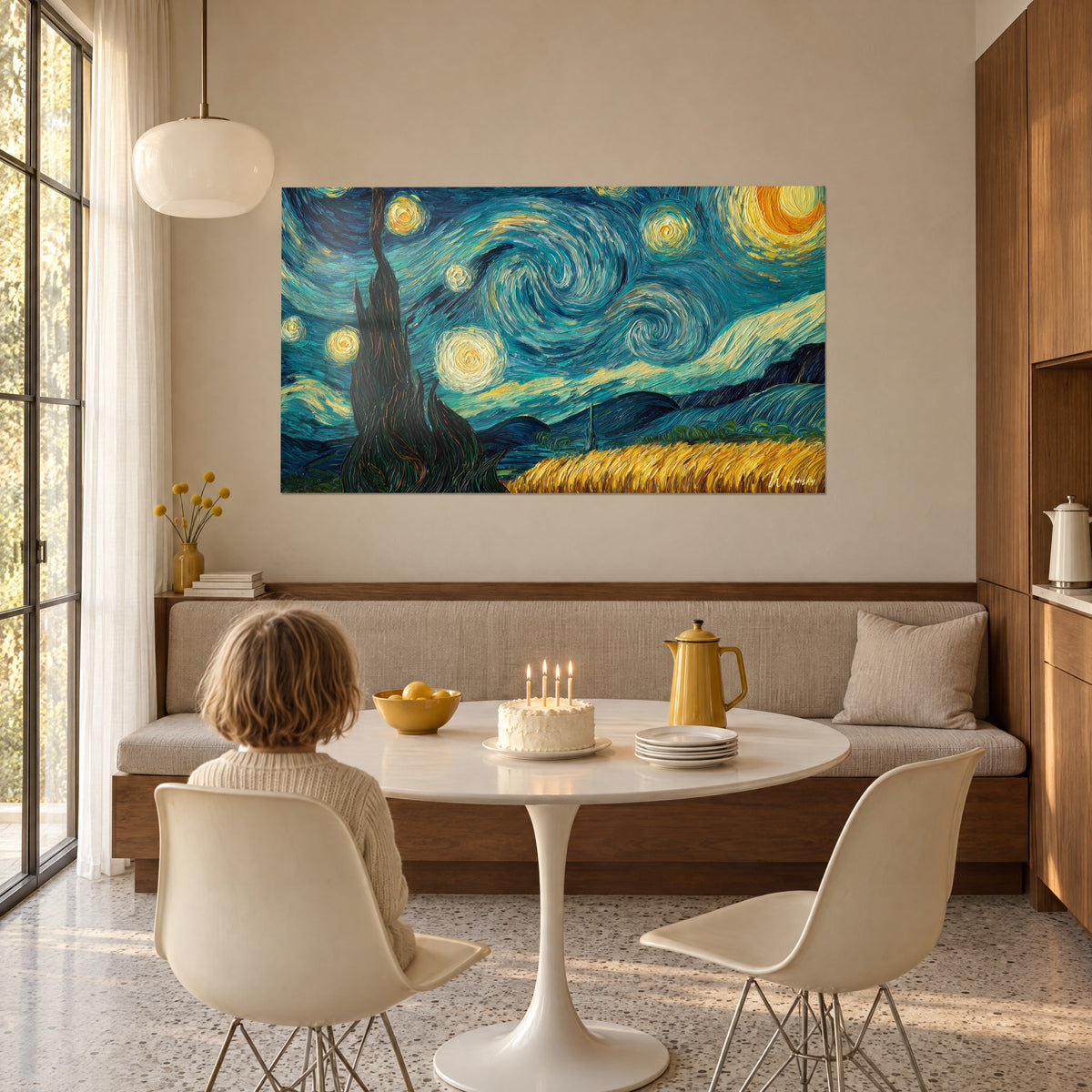 Cuadro paisaje nocturno de olas azul verdoso y estrellas doradas, campo de trigo amarillo, frente a una niña de espaldas delante de su tarta de cumpleaños