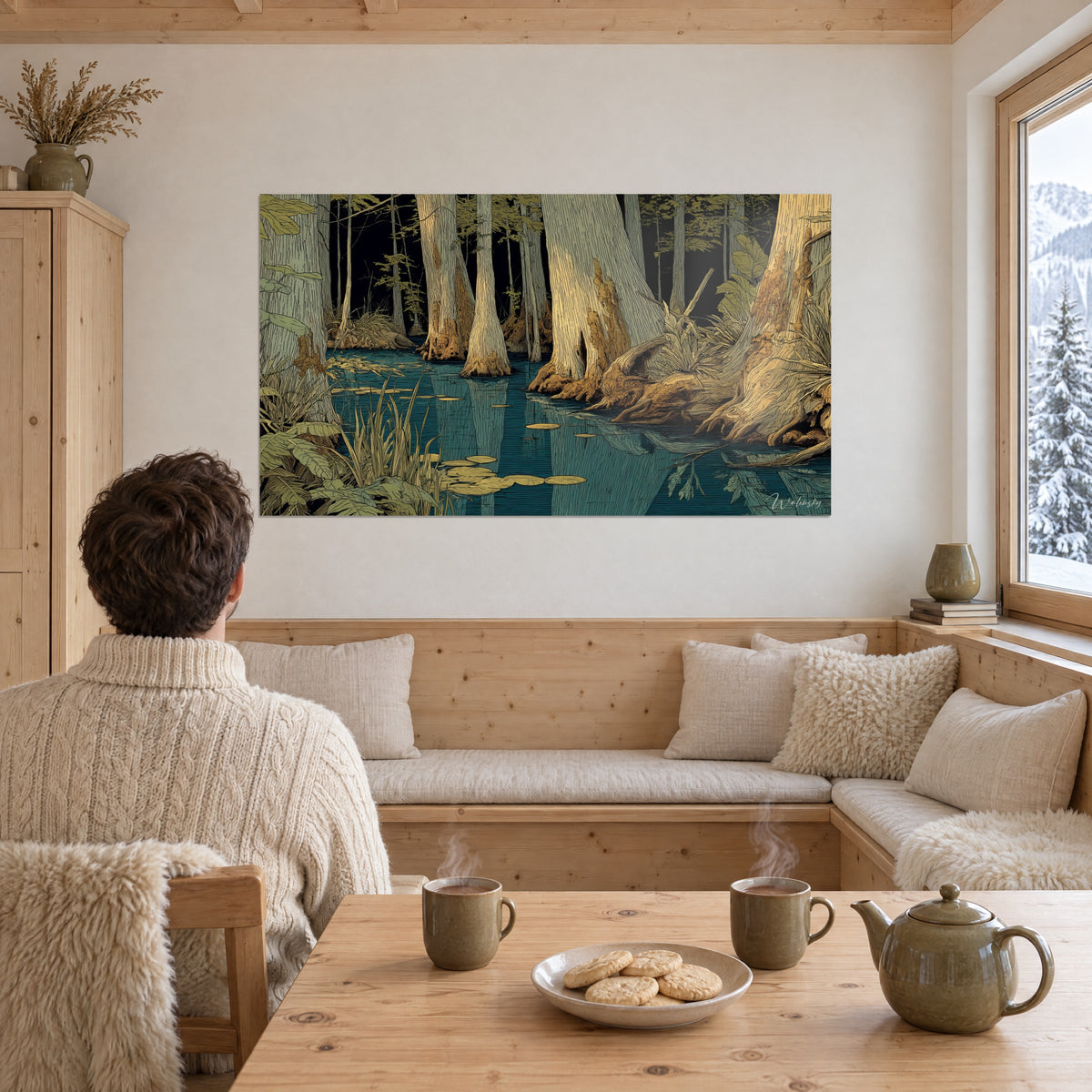 Wall art of the black waters of a swamp, golden cypress trunks and olive green foliage on a dark background, in a snowy chalet