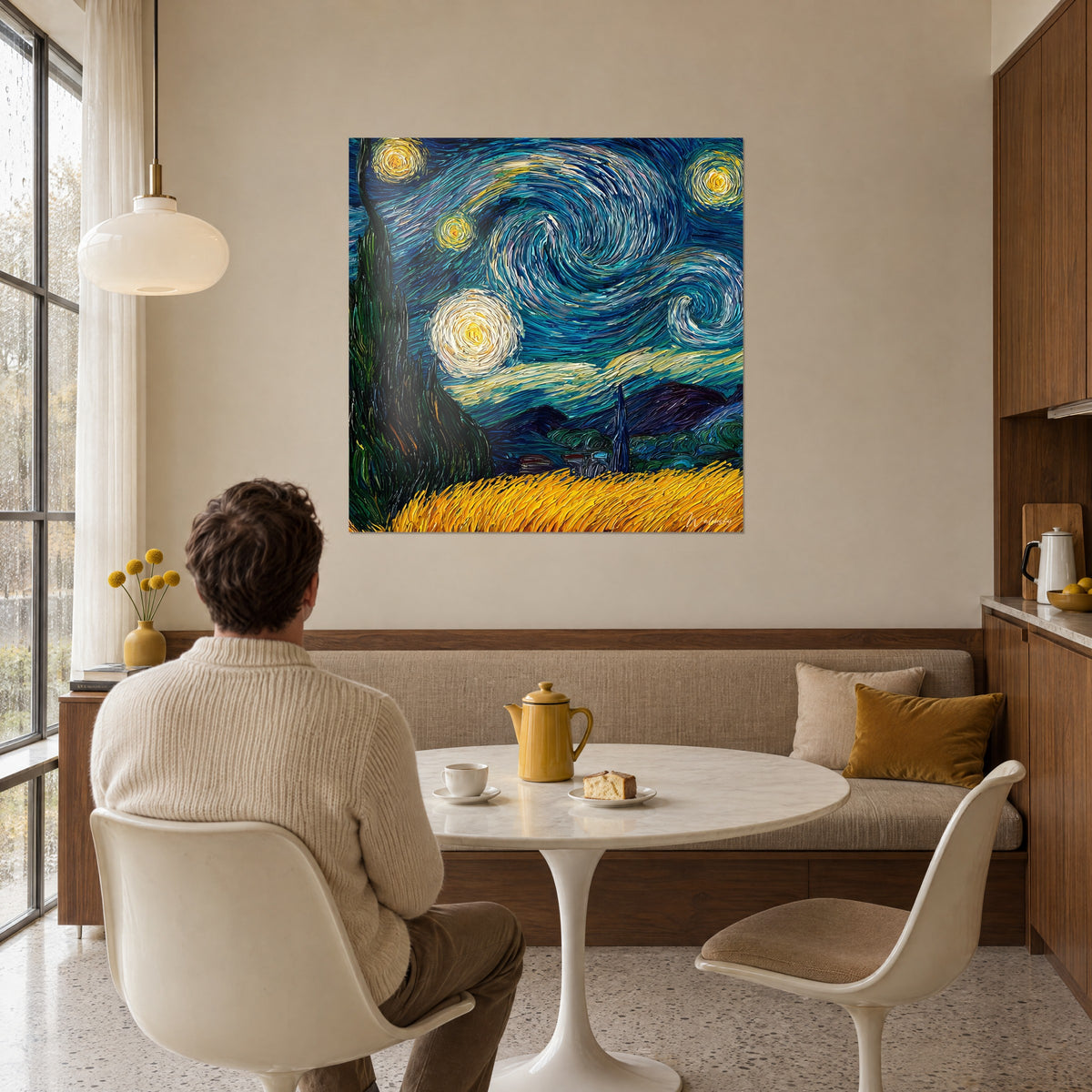 Gemälde schlafendes Dorf unter einem stürmischen Firmament in Nachtblau und Ocker, Mann von hinten am Tisch vor einer gelben Teekanne in einem Wohnzimmer