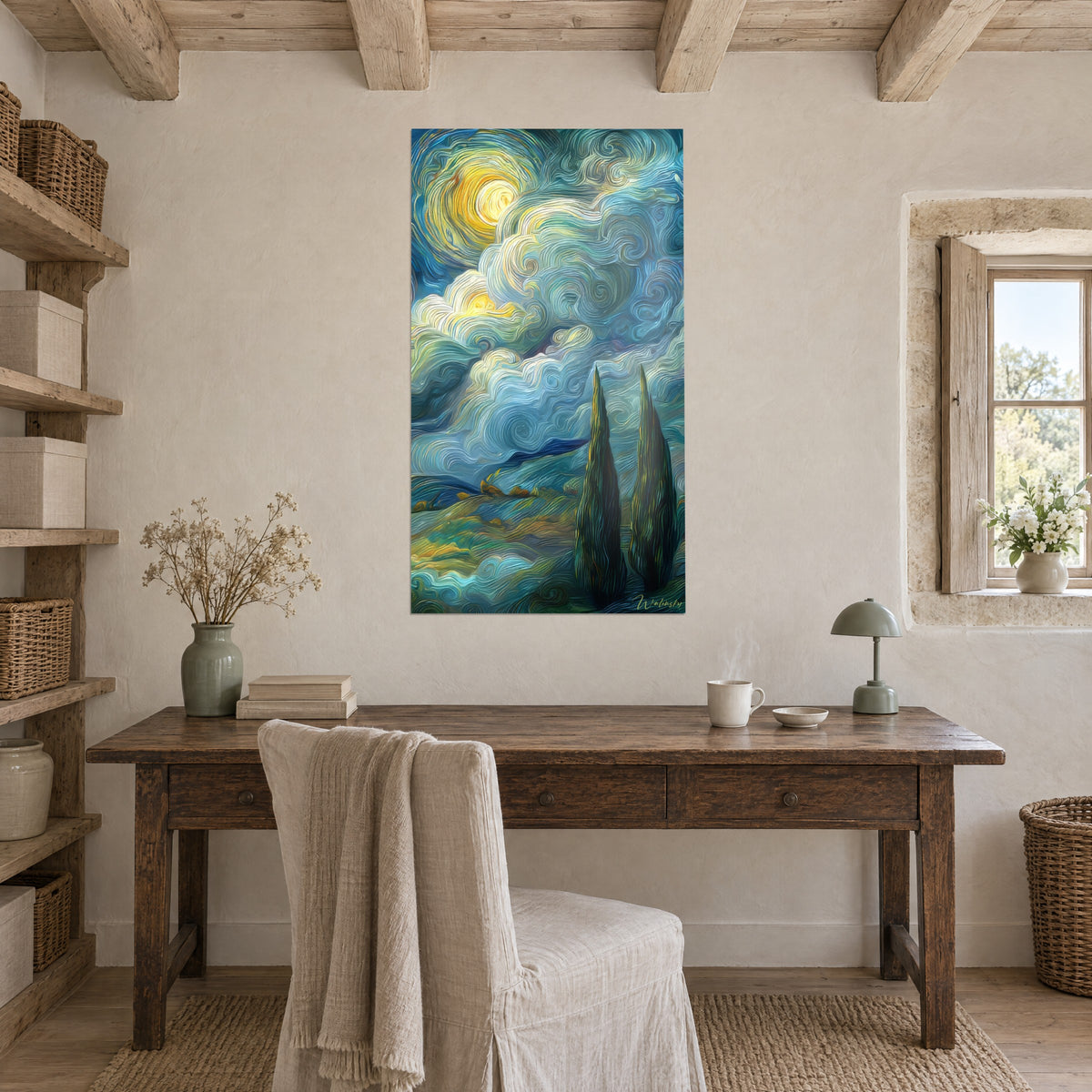 Wall art cypress trees and swirling clouds in petrol blue and lemon yellow, hung above a wooden desk in a stone house
